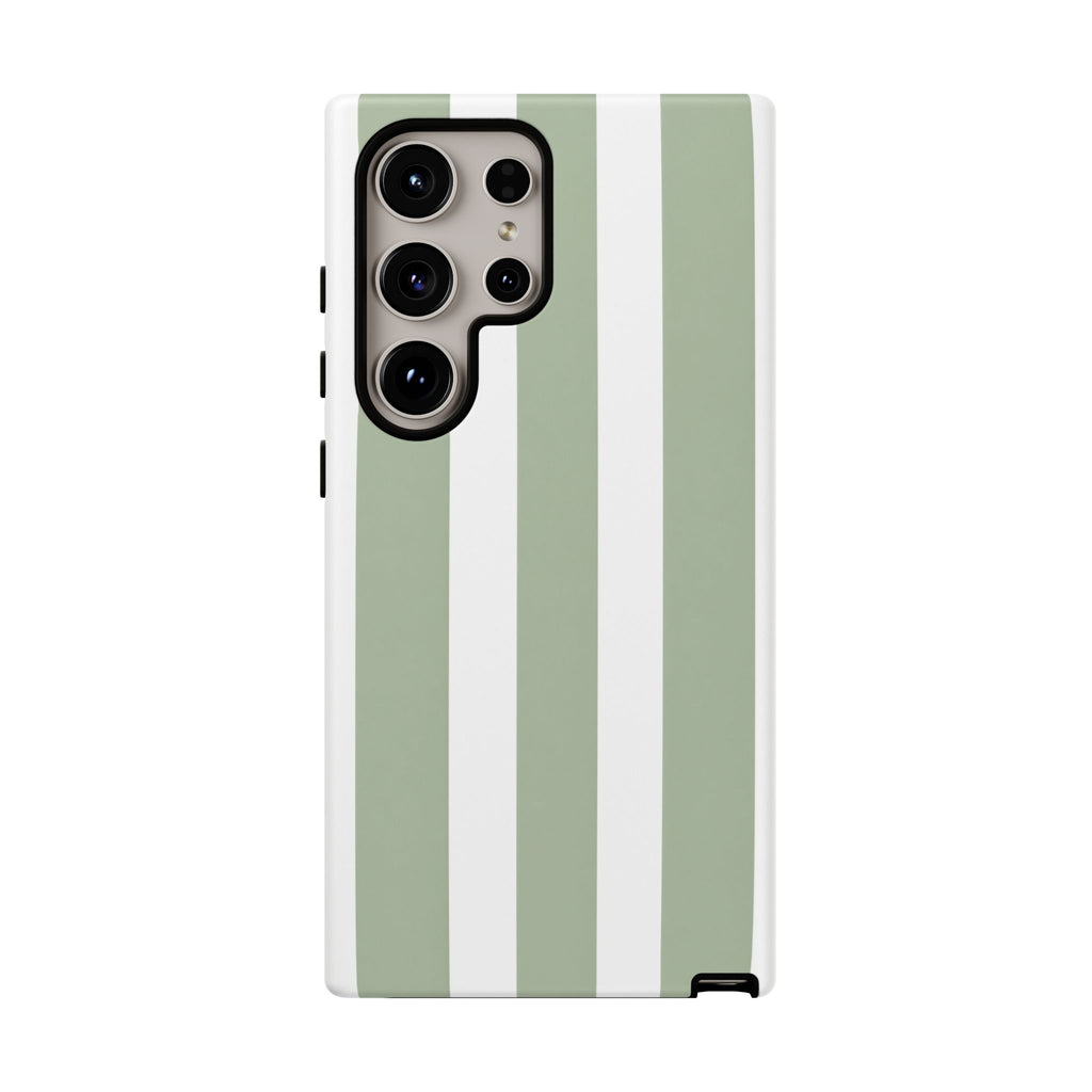 Striped Sage Tough Phone Case — Durable Green & White Vertical Stripe Phone Cover