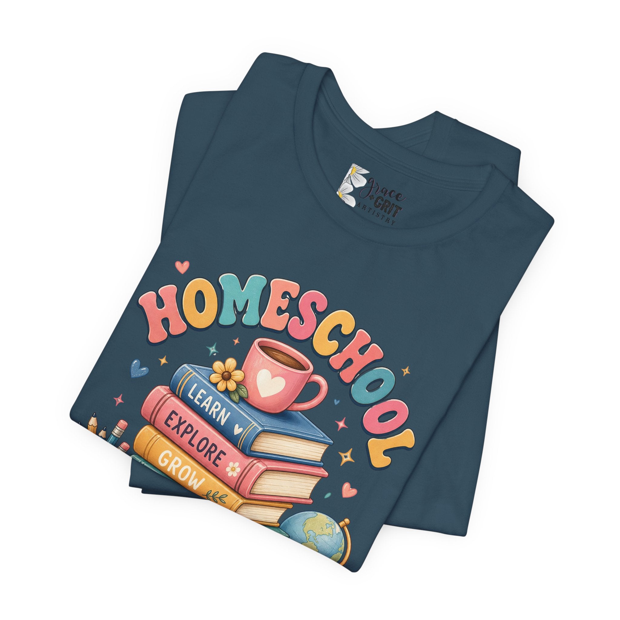 Homeschool Mama T-Shirt – Colorful Stacked Books Design