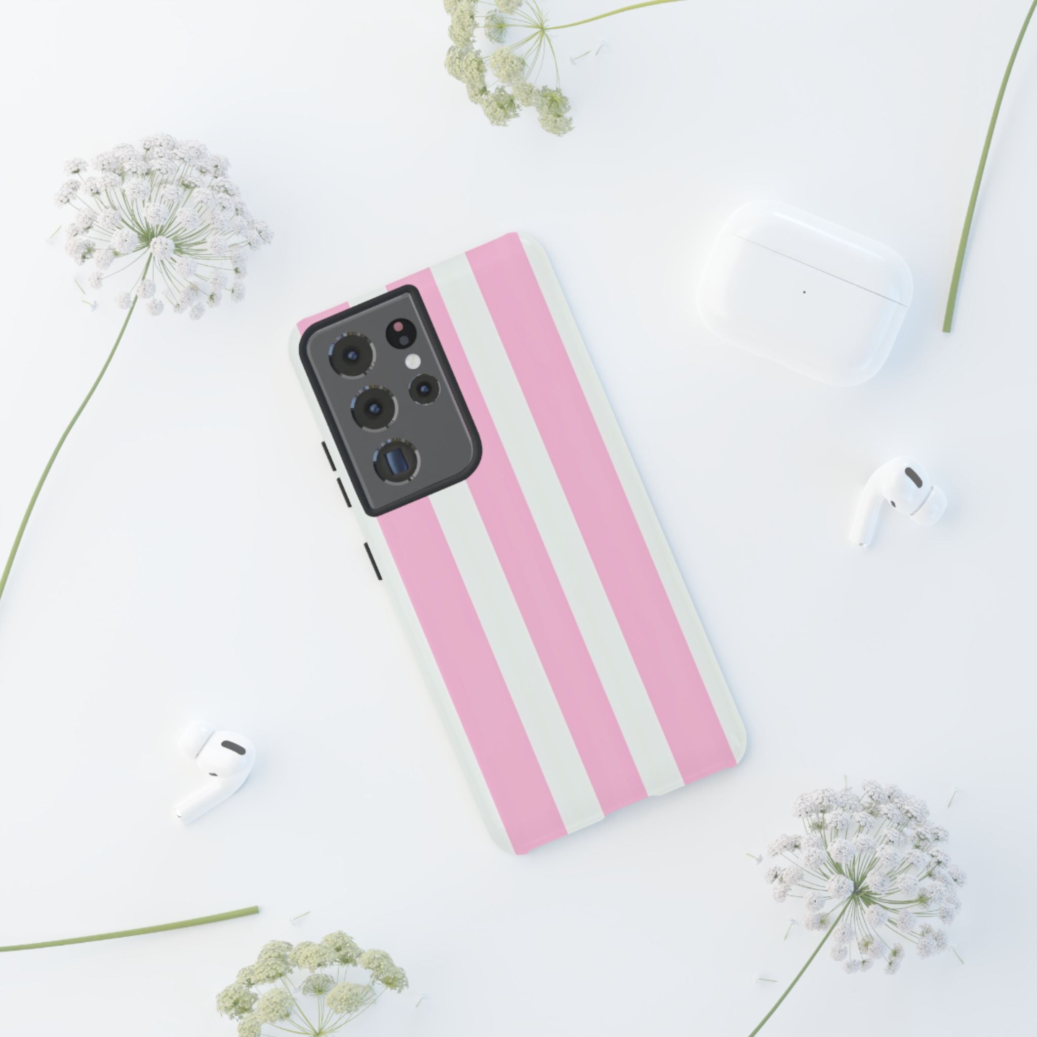 Pink & White Striped Tough Phone Case — Durable Protective Phone Cover