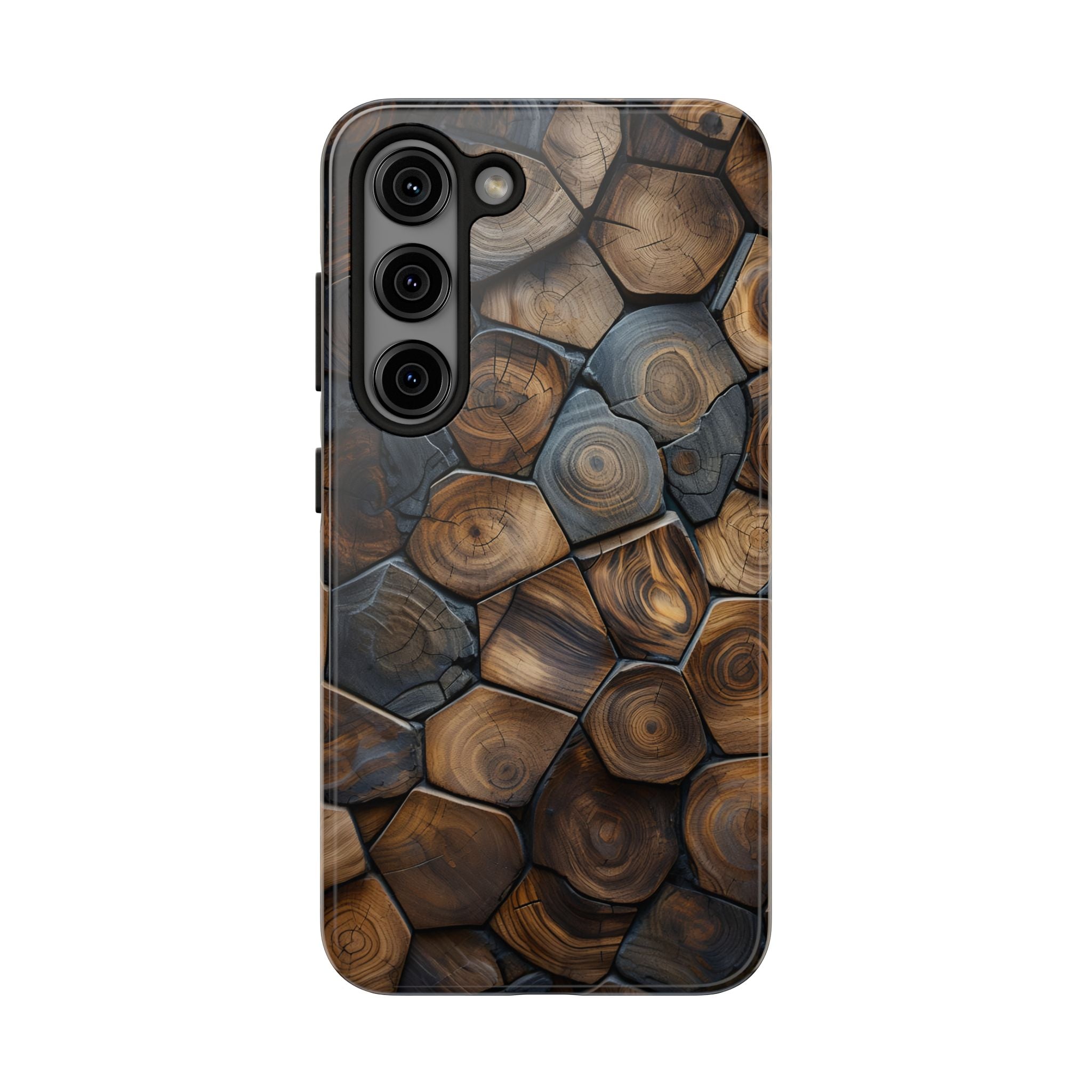 Woodgrain Hex Pattern Tough Phone Case — Rustic Log Cross-Section Design