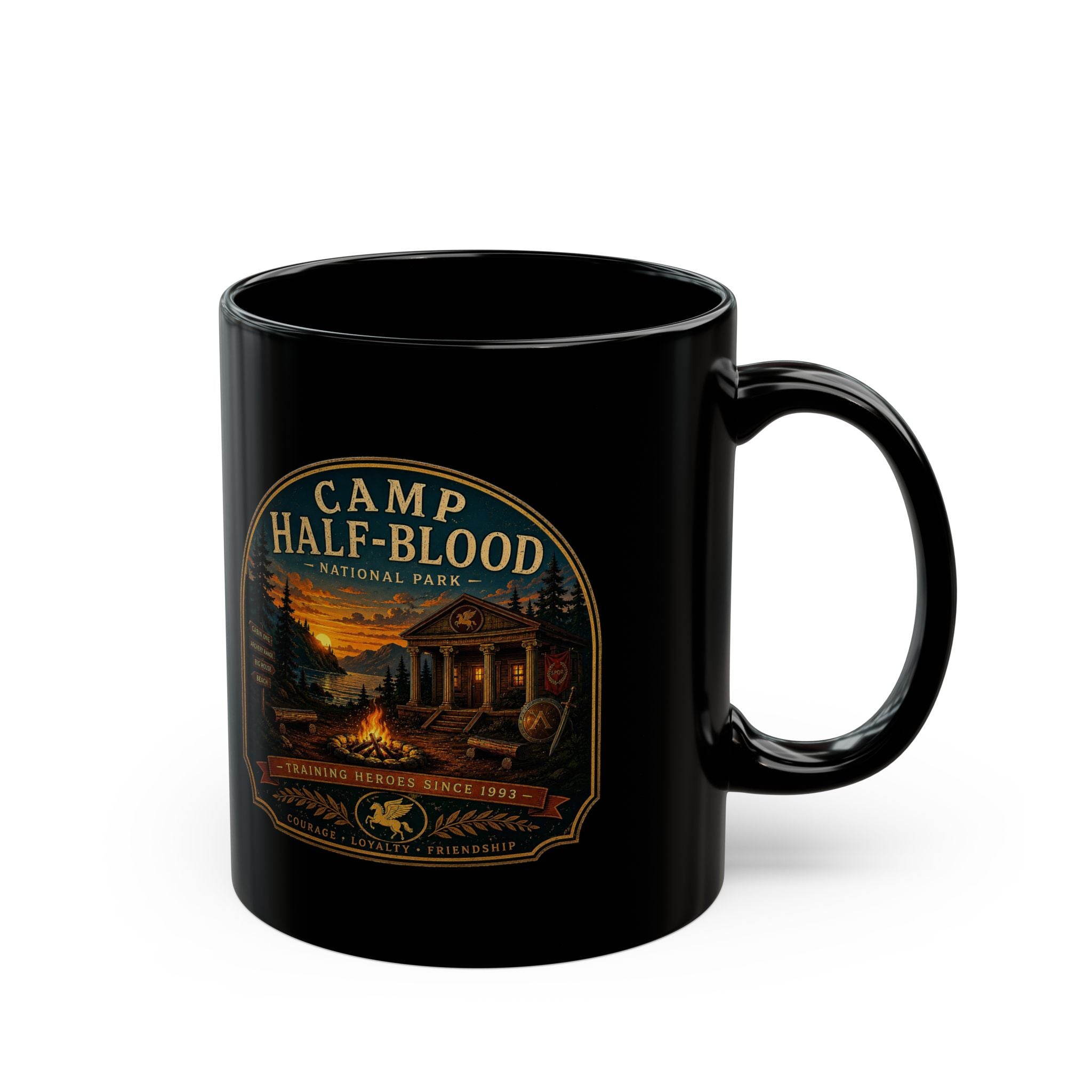 Camp Half-Blood Black Mug — Mythical Cabin & Campfire Coffee Cup (11oz/15oz)