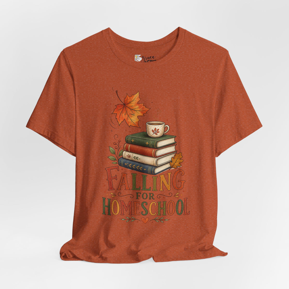 Fall Homeschool T‑Shirt – “Falling into Homeschool” Autumn Books & Coffee Tee