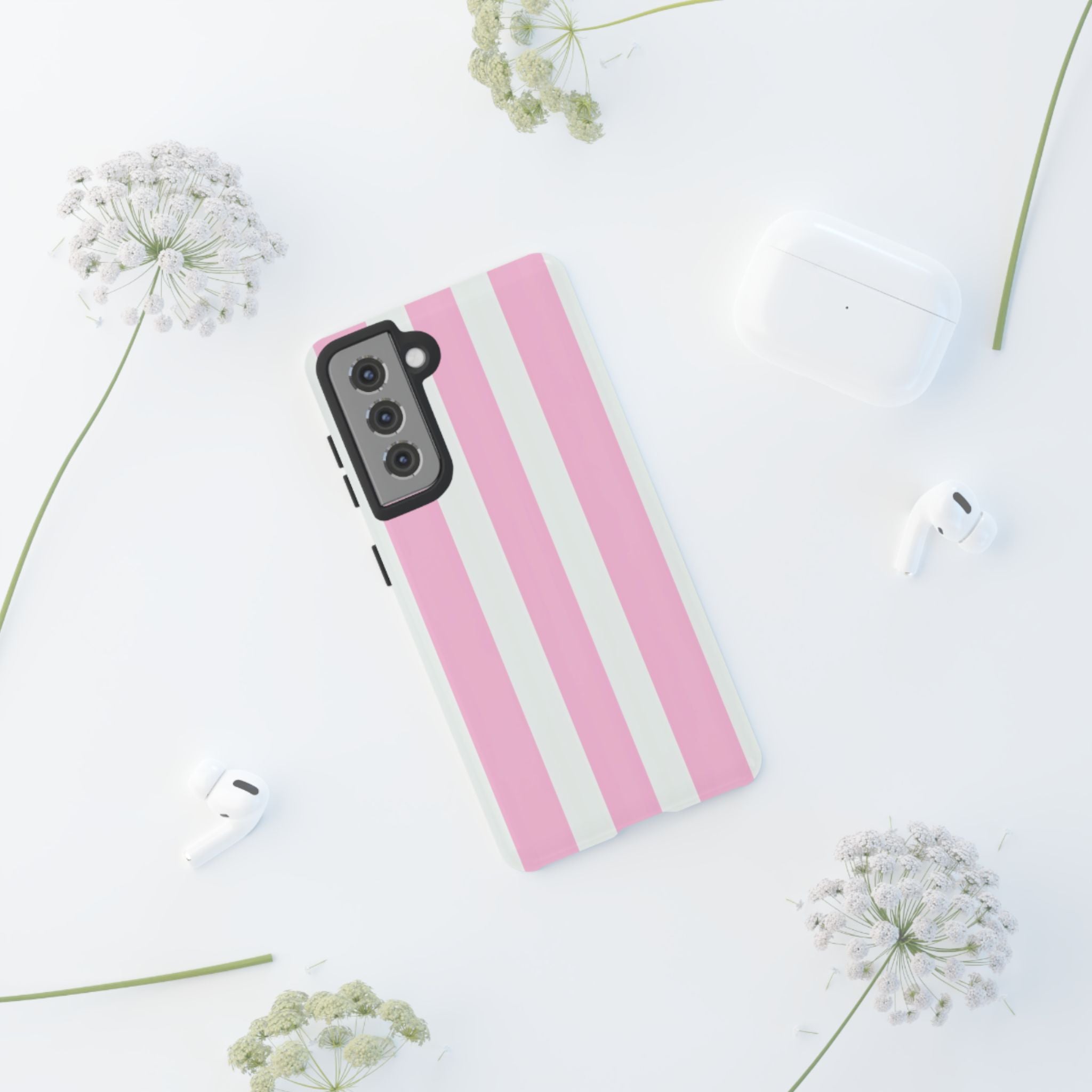 Pink & White Striped Tough Phone Case — Durable Protective Phone Cover