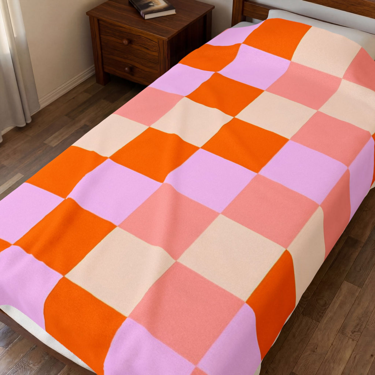 Retro Checkerboard Velveteen Plush Blanket – Pink, Orange & Lavender