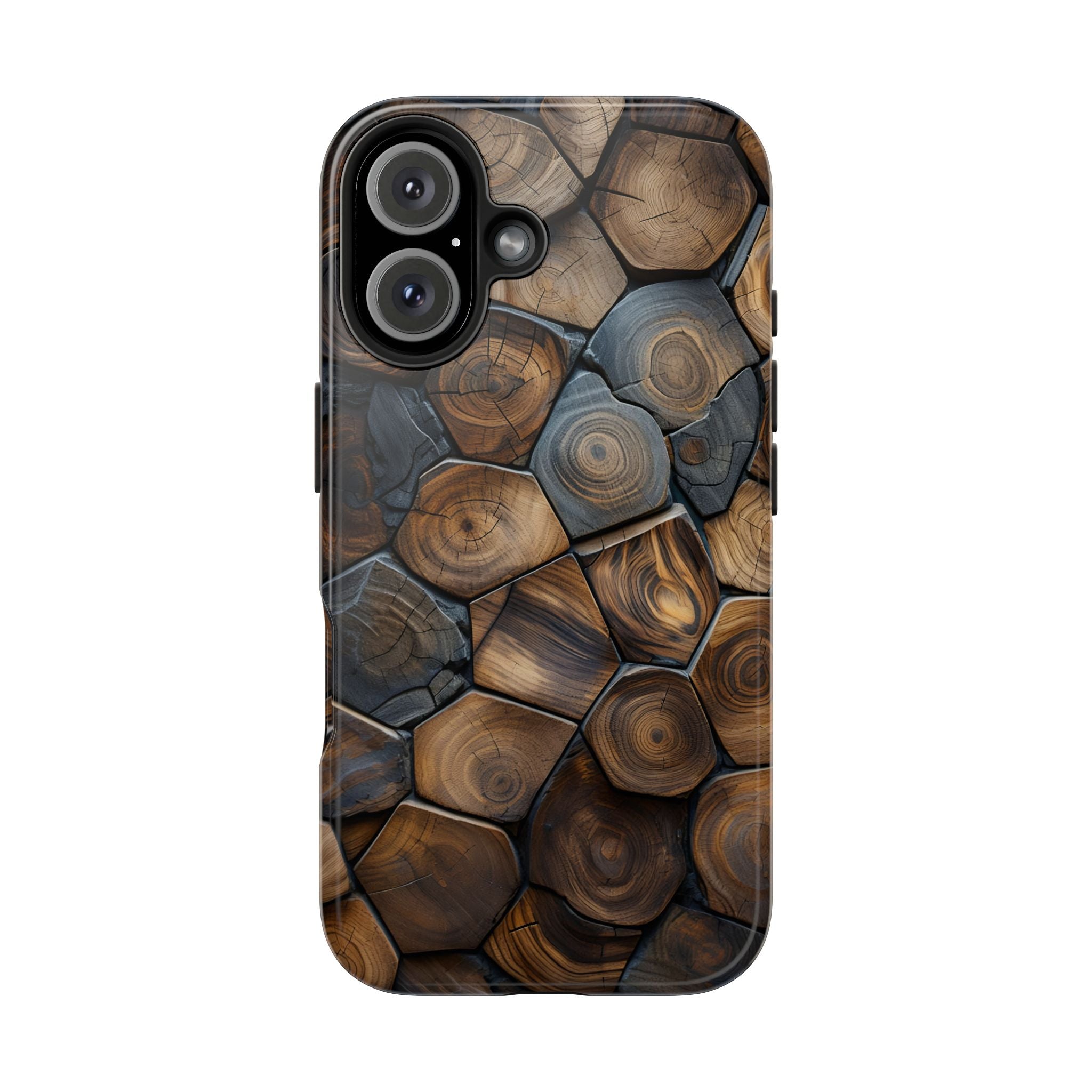 Woodgrain Hex Pattern Tough Phone Case — Rustic Log Cross-Section Design
