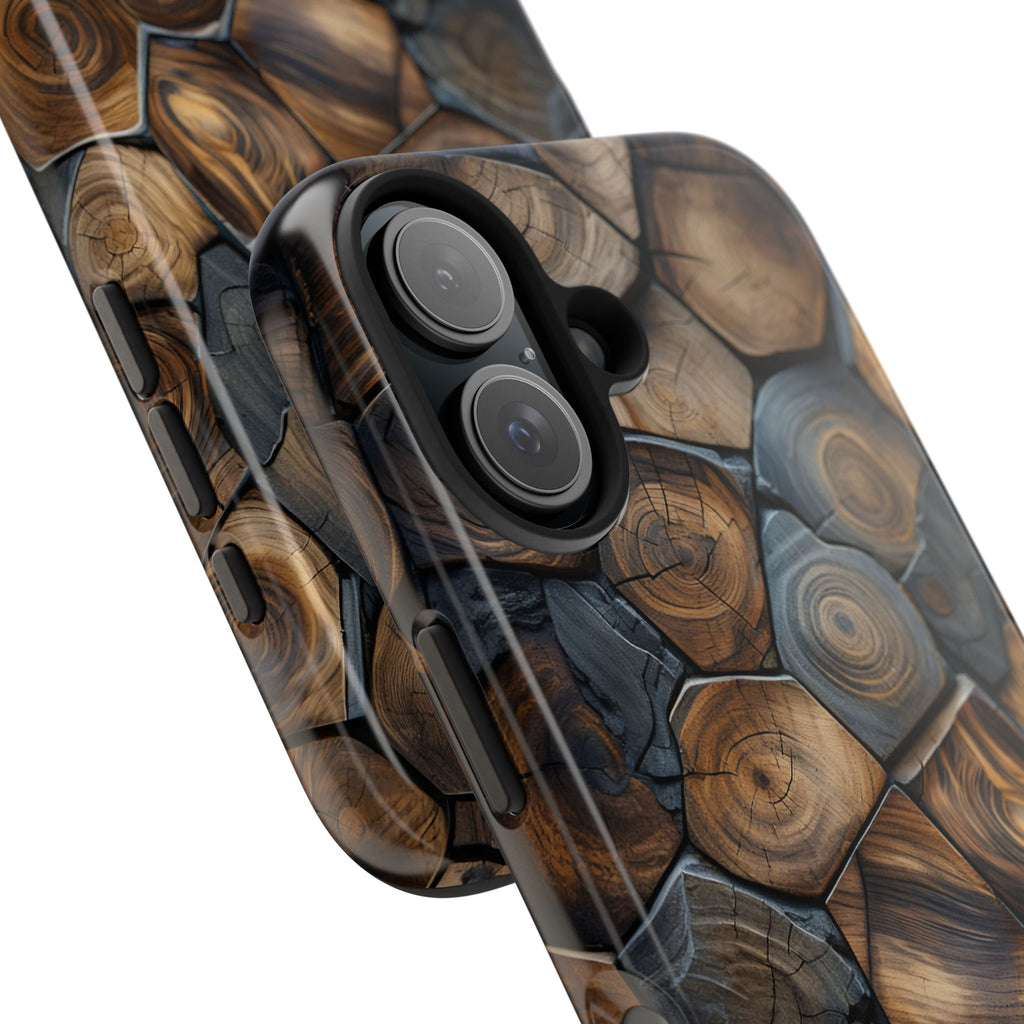 Woodgrain Hex Pattern Tough Phone Case — Rustic Log Cross-Section Design