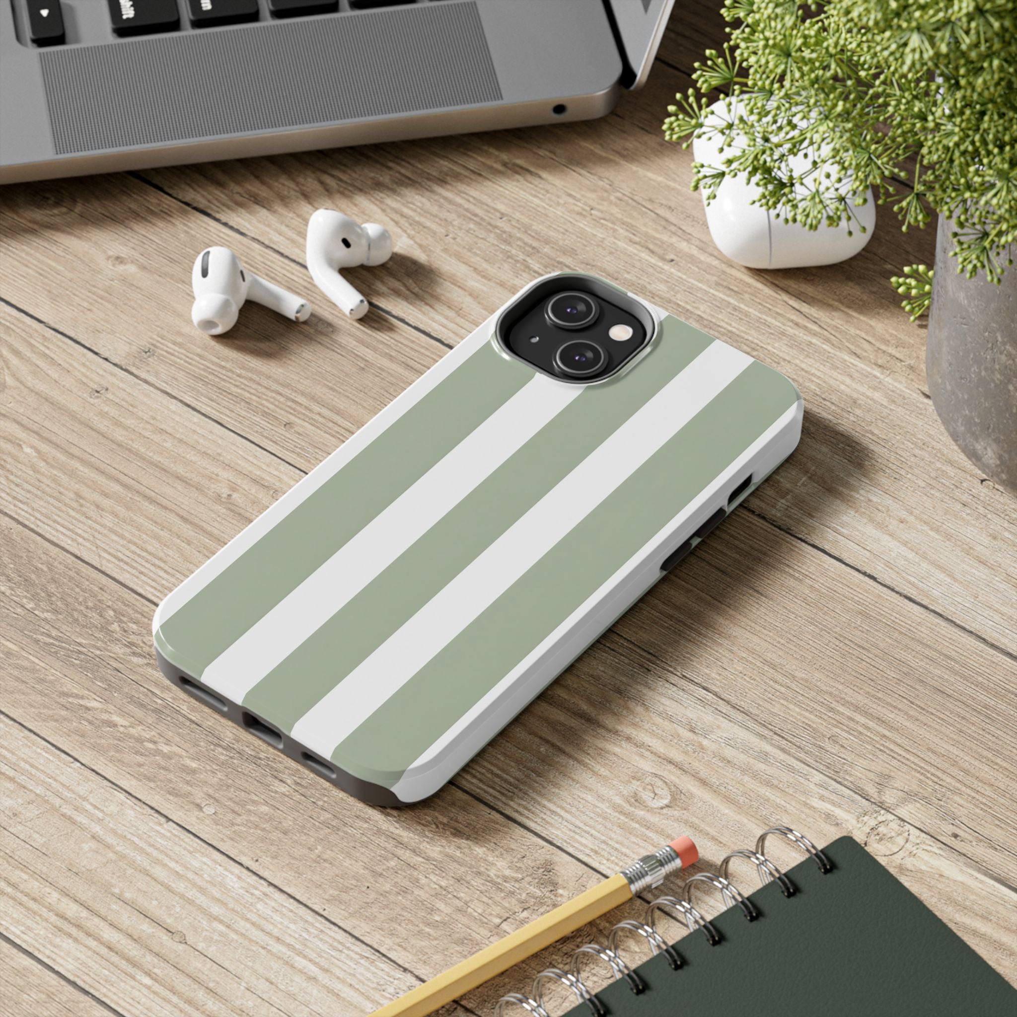 Sage & White Striped Tough Phone Case — Durable Protective Phone Cover