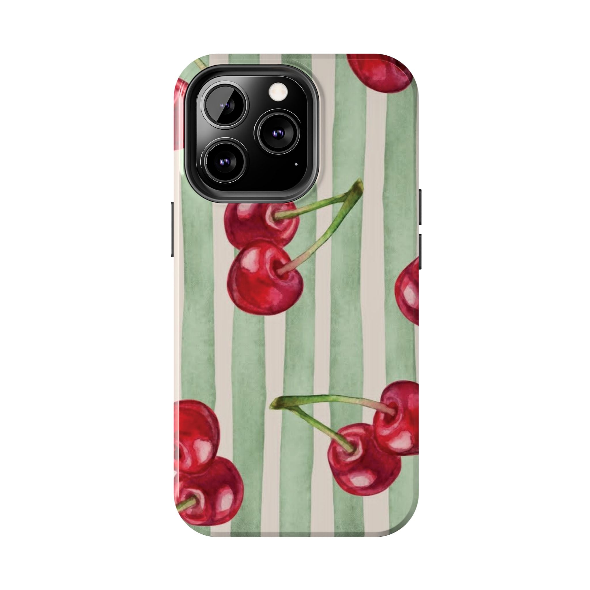 Cherry Stripe Tough Phone Case — Retro Watercolor Cherry Pattern Durable Phone Case