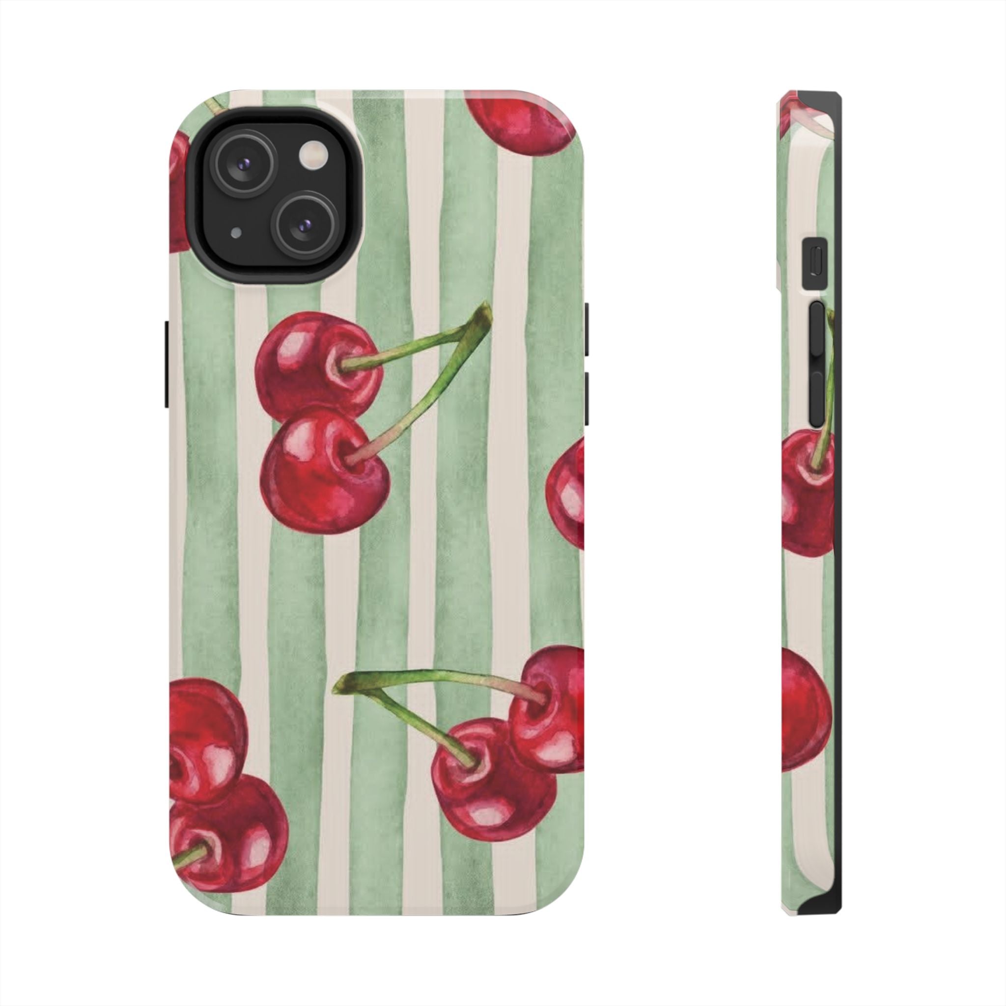 Cherry Stripe Tough Phone Case — Retro Watercolor Cherry Pattern Durable Phone Case