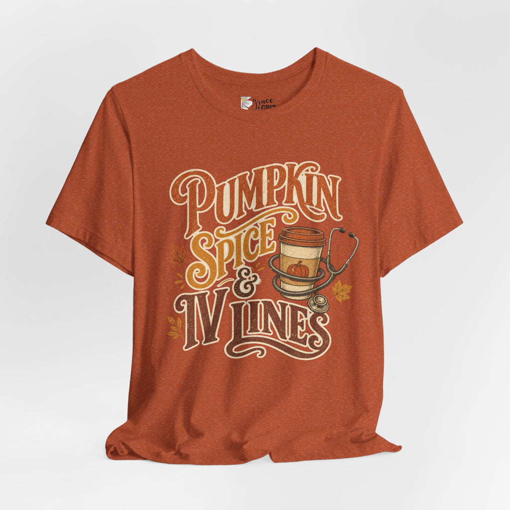 Pumpkin Spice & Vines Tee — Fall Graphic Shirt for Wine Lovers