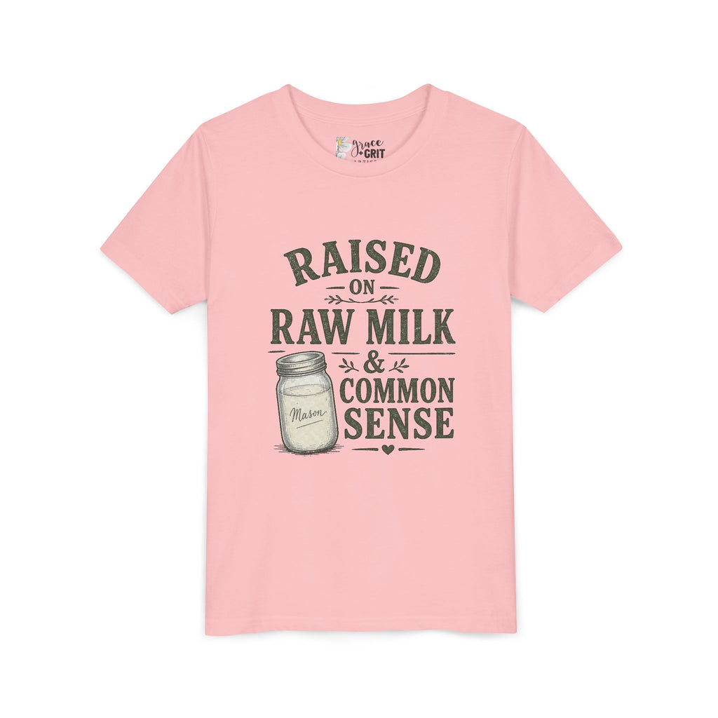 Youth Tee — "Raised on Raw Milk & Common Sense" Vintage Farm Kid Shirt