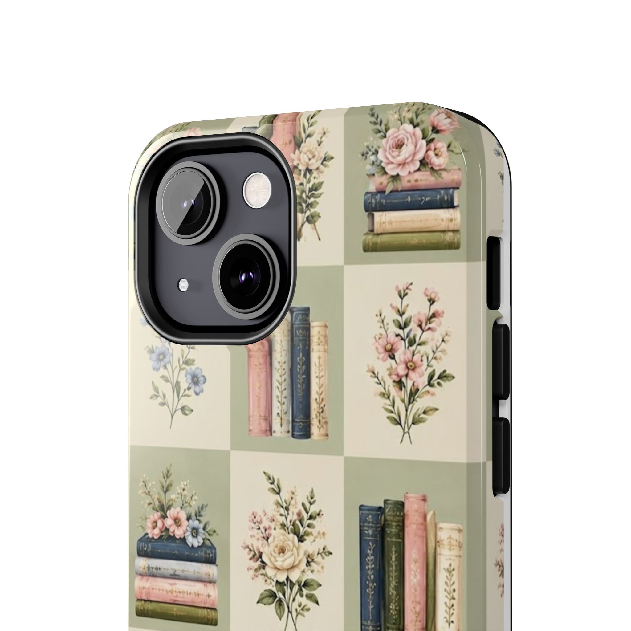 Floral Bookshelf Tough Phone Case — Vintage Floral & Stacked Books Pattern
