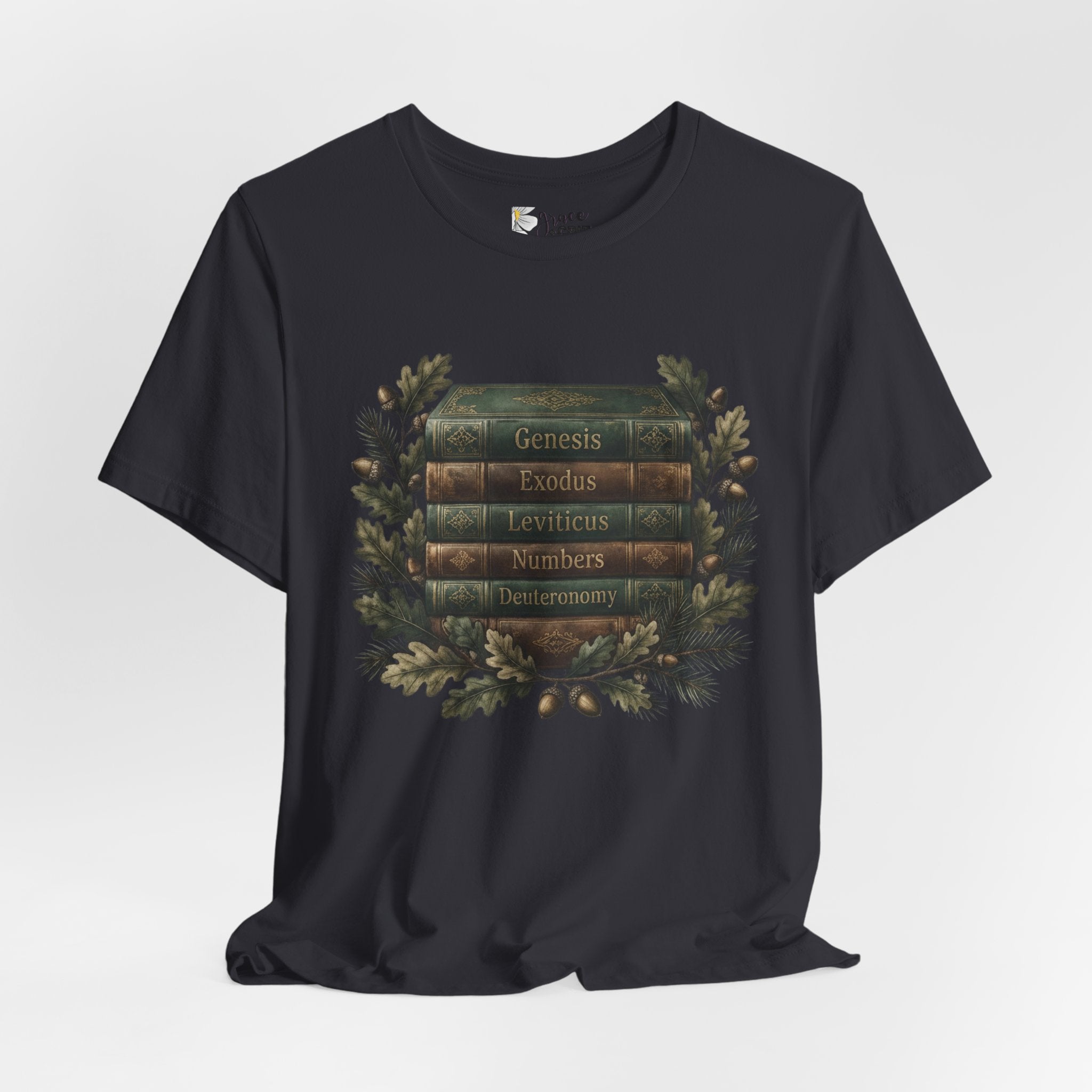 Bible Verse Stack T-Shirt — Genesis Exodus Leviticus Numbers Deuteronomy Floral Graphic
