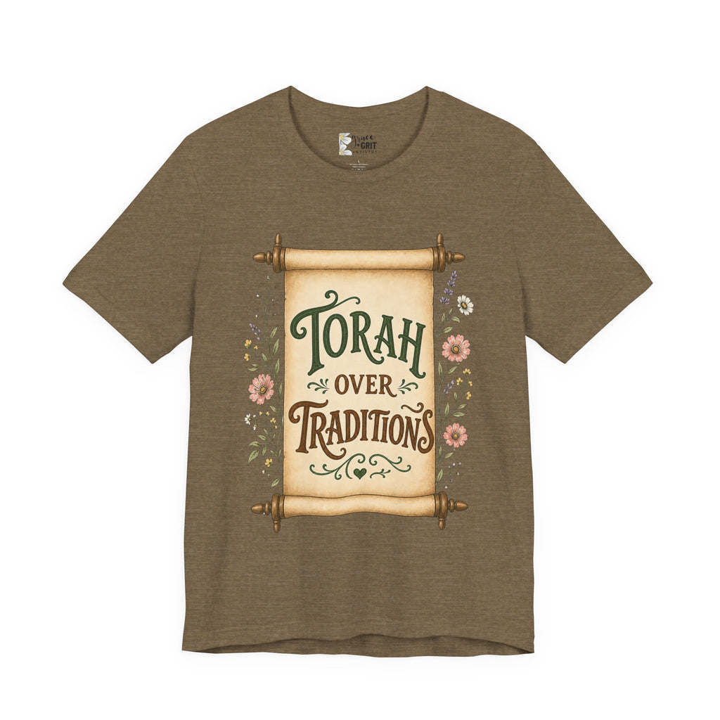 Torah Over Traditions T-Shirt — Vintage Scroll Floral Jewish Pride Tee