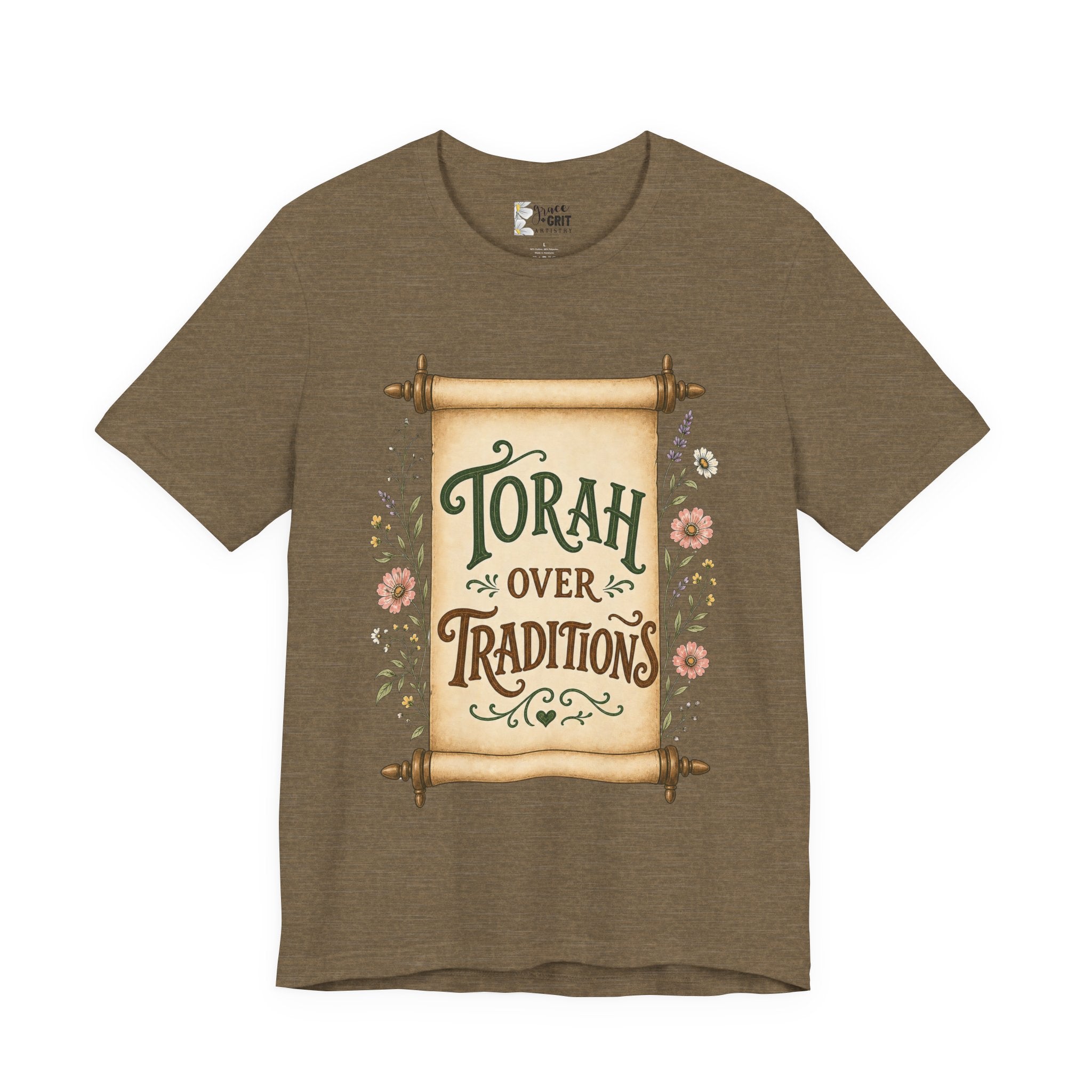 Torah Over Traditions T-Shirt — Vintage Scroll Floral Jewish Pride Tee