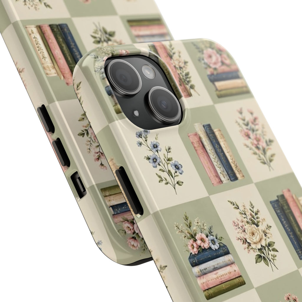 Floral Bookshelf Tough Phone Case — Vintage Floral & Stacked Books Pattern