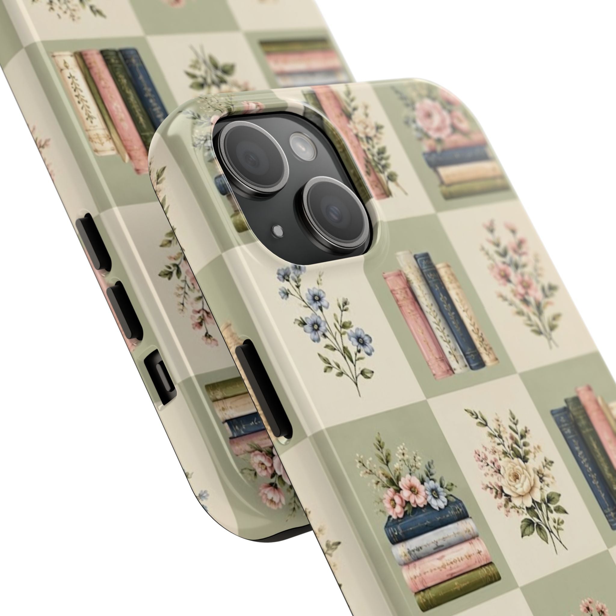 Floral Bookshelf Tough Phone Case — Vintage Floral & Stacked Books Pattern