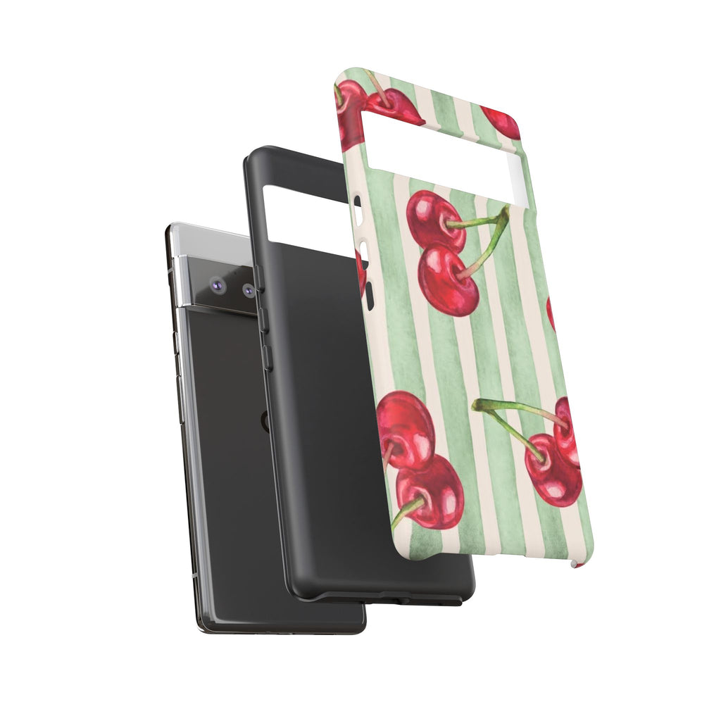 Cherry Stripe Phone Case – Retro Watercolor Cherries on Mint Stripes