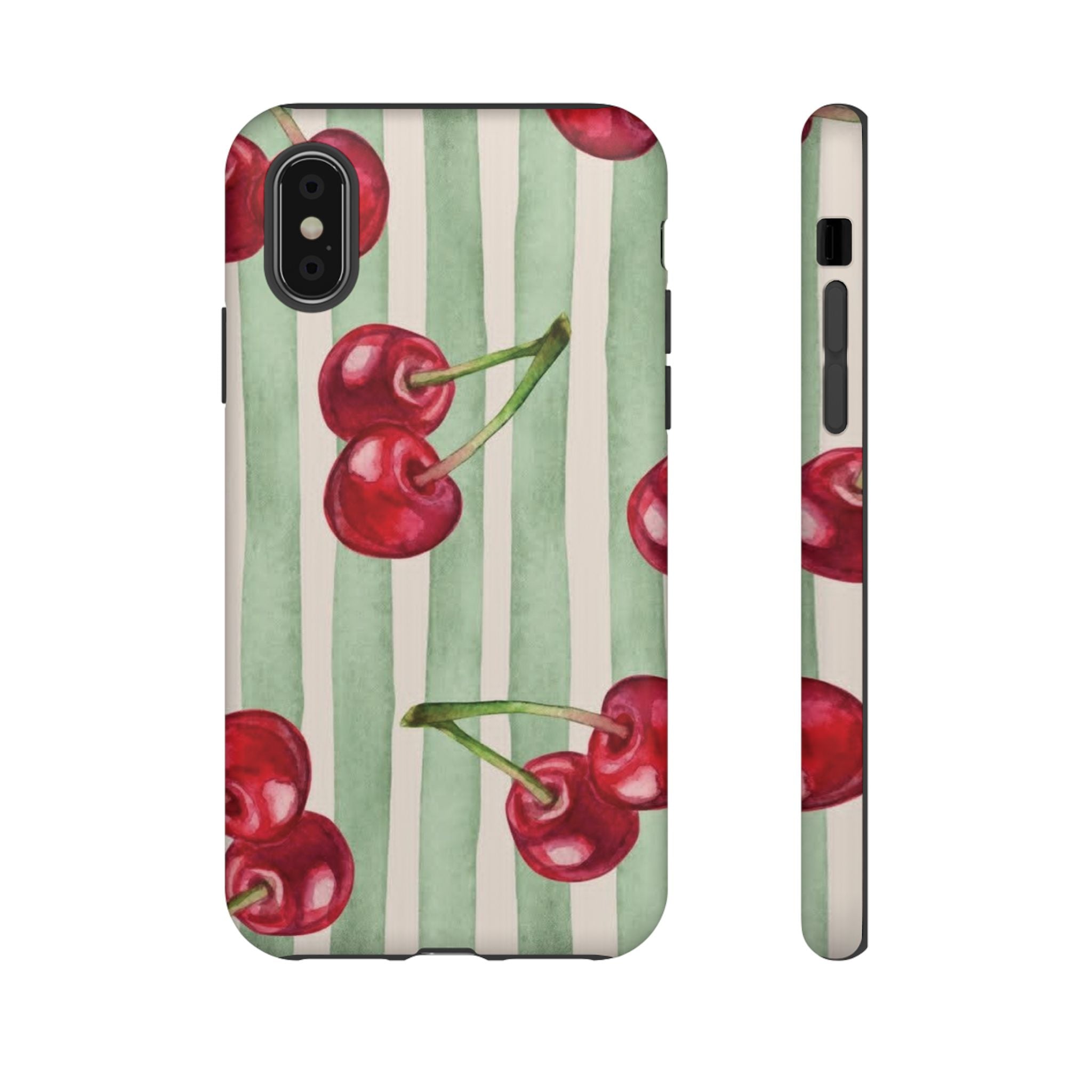 Cherry Stripe Phone Case – Retro Watercolor Cherries on Mint Stripes