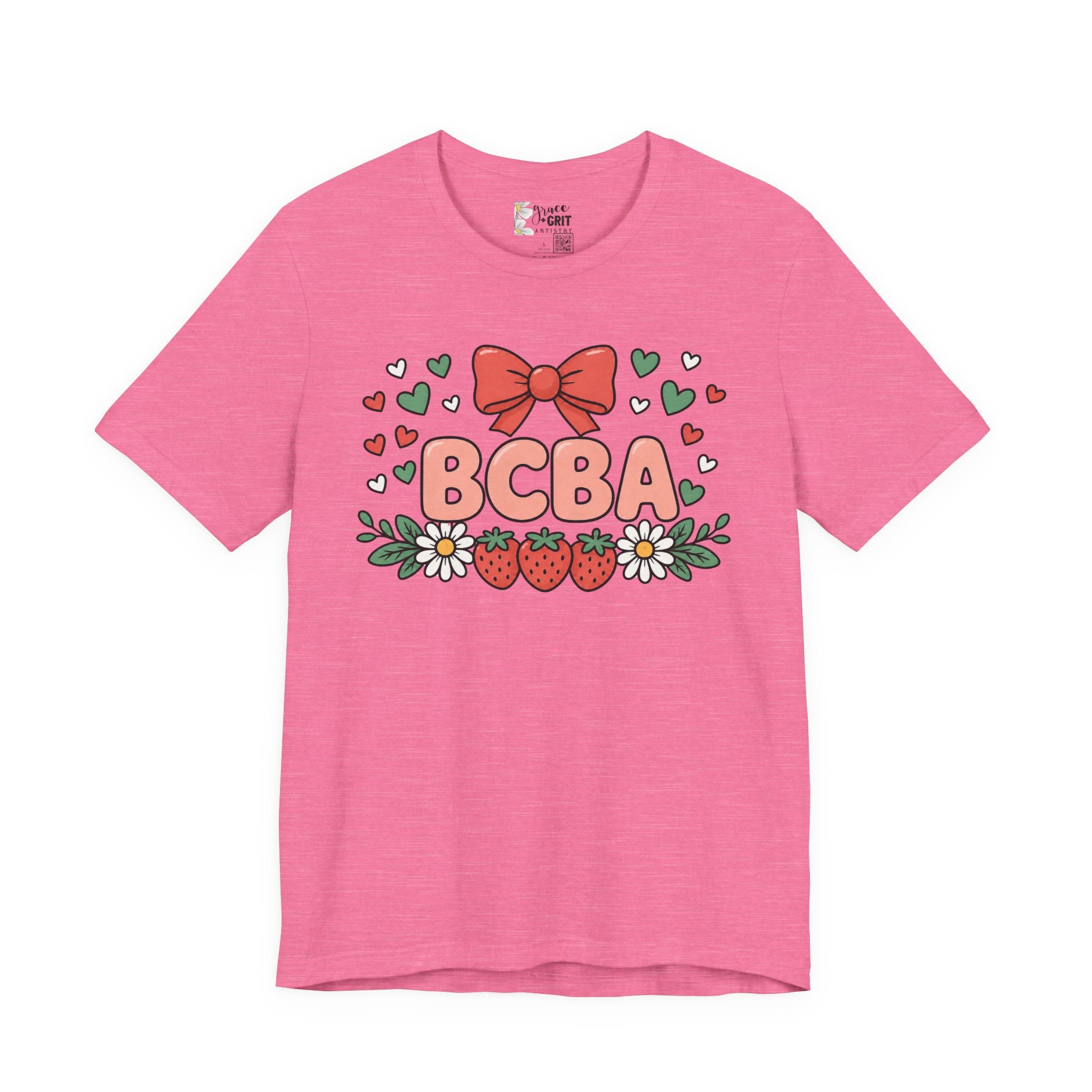 BCBA Strawberry Bow T-Shirt — Cute Floral ABA Therapist Gift