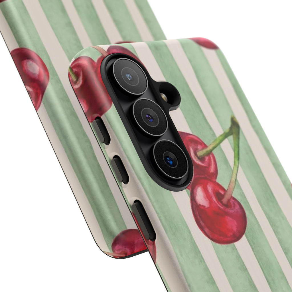 Cherry Stripe Phone Case – Retro Watercolor Cherries on Mint Stripes