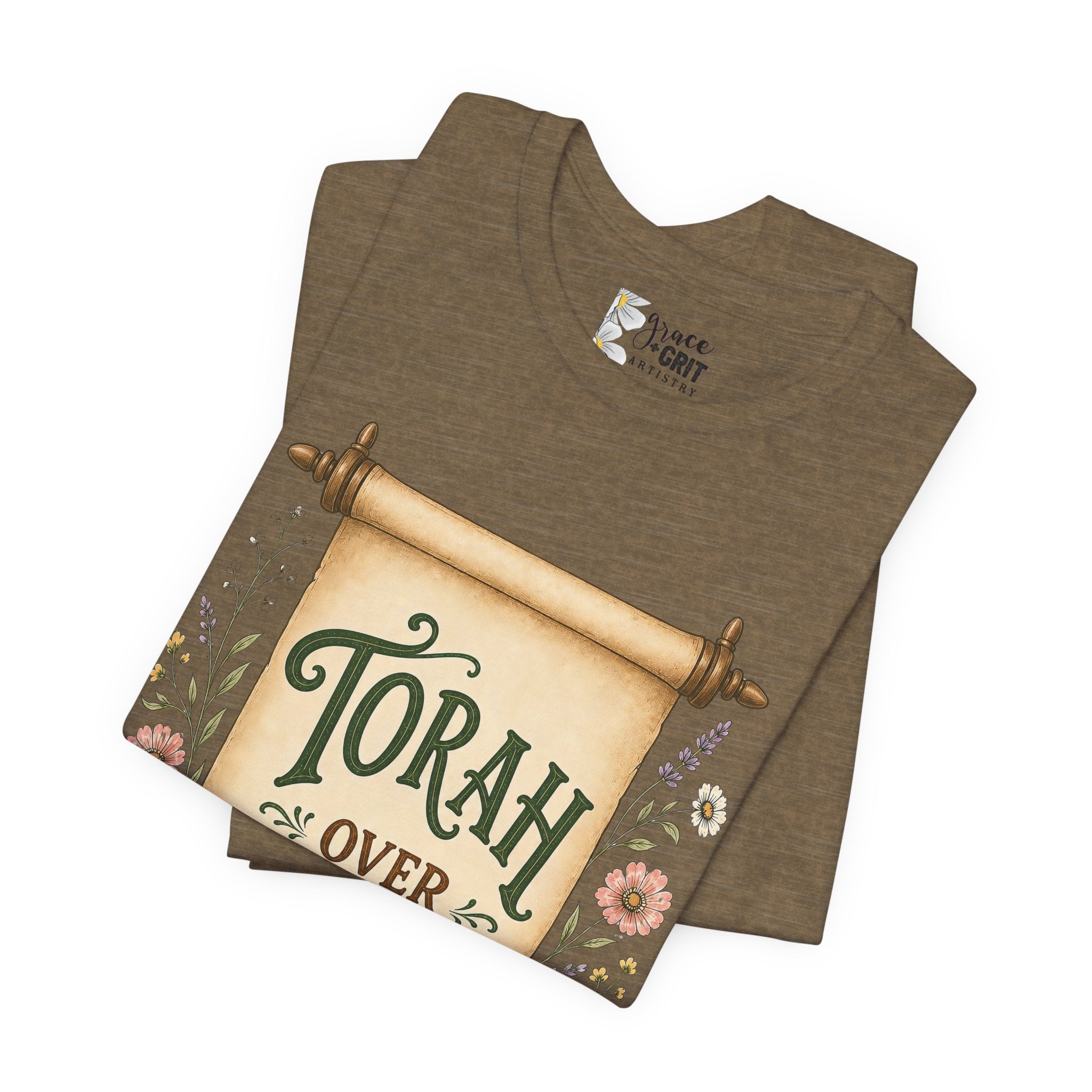 Torah Over Traditions T-Shirt — Vintage Scroll Floral Jewish Pride Tee