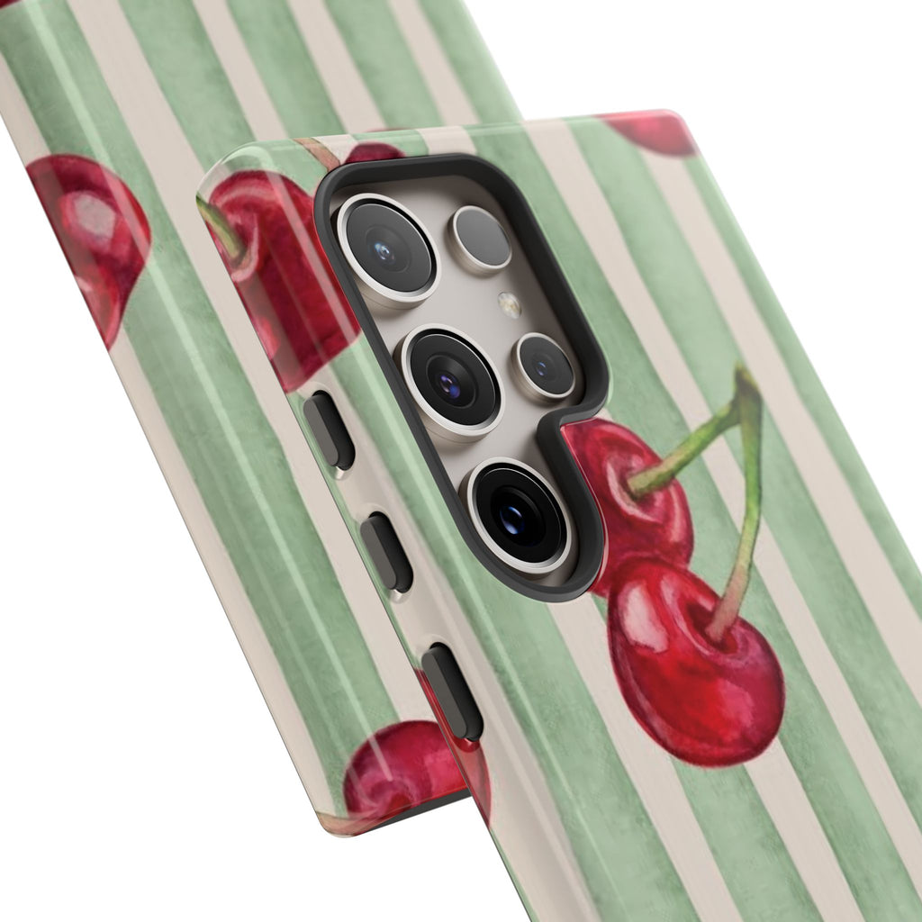 Cherry Stripe Phone Case – Retro Watercolor Cherries on Mint Stripes