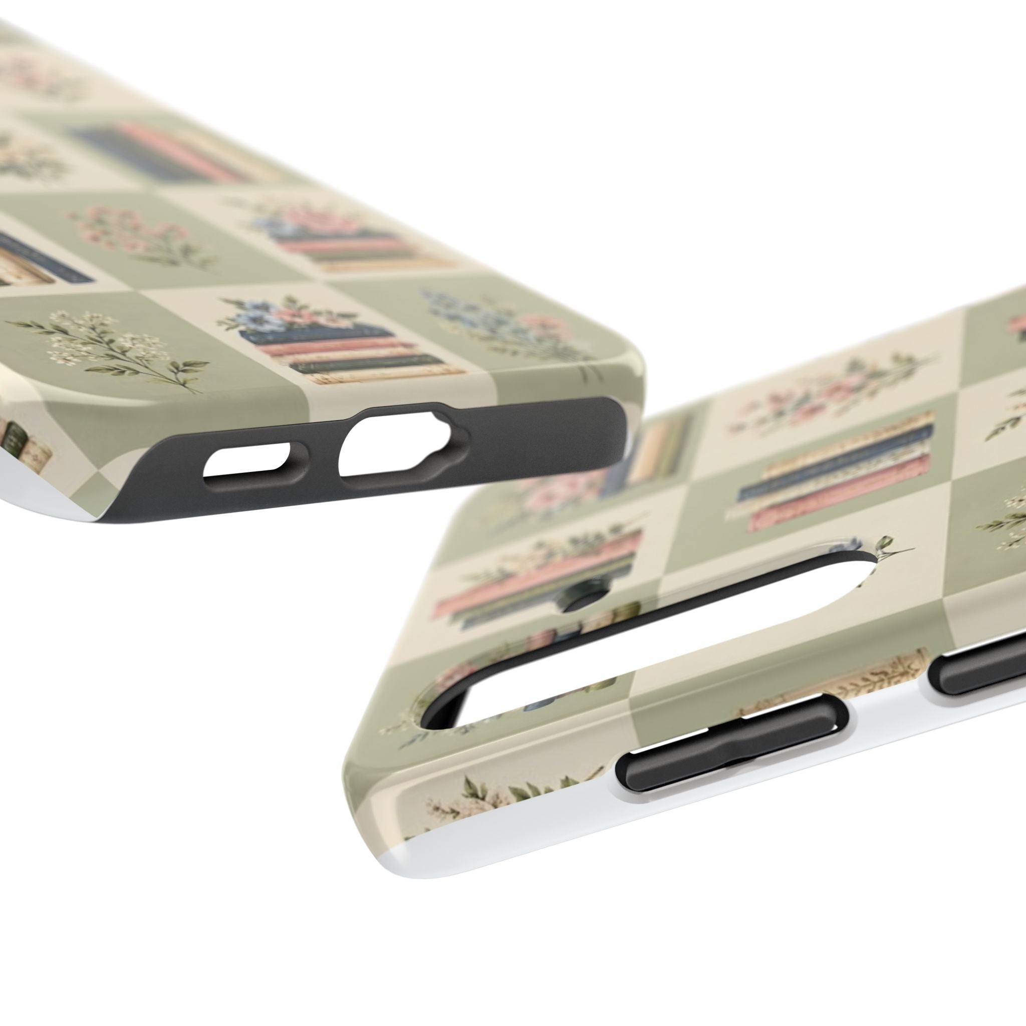 Floral Bookshelf Tough Phone Case — Vintage Floral & Stacked Books Pattern