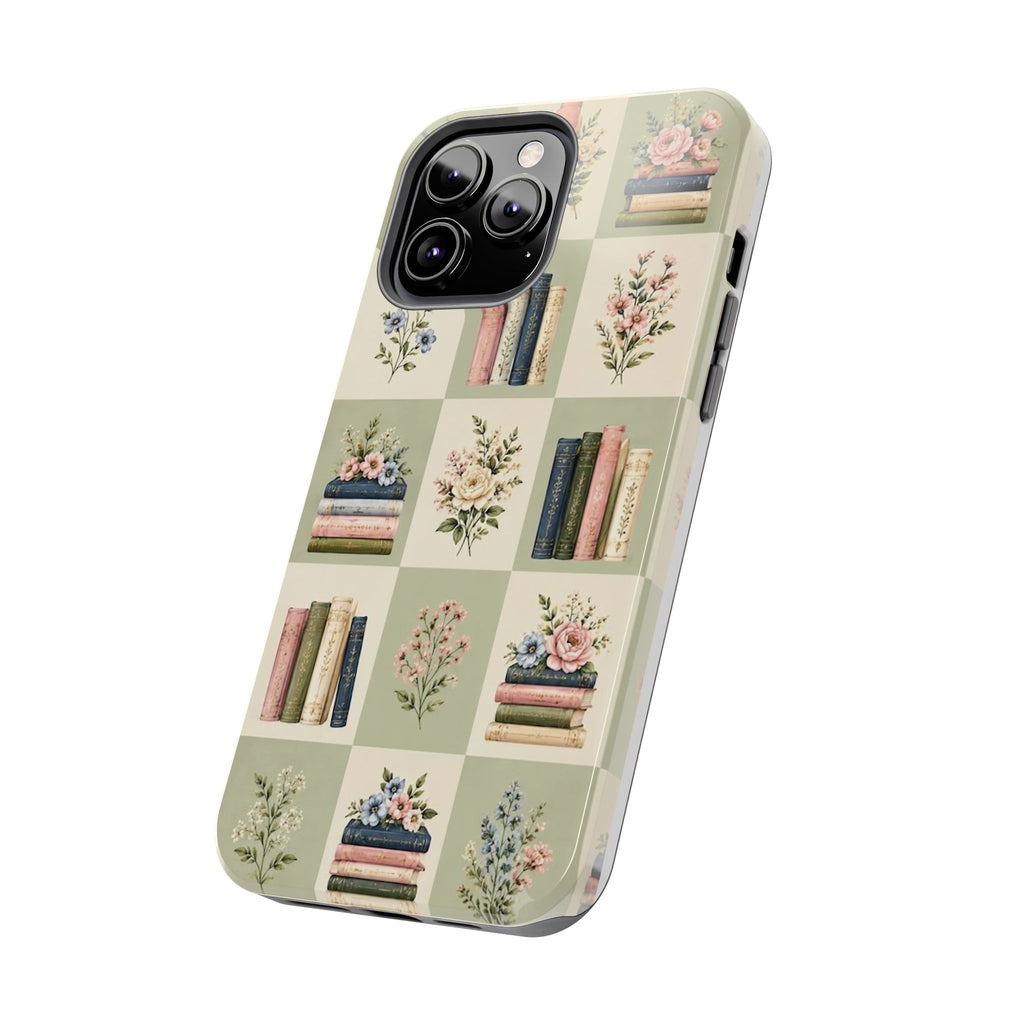 Floral Bookshelf Tough Phone Case — Vintage Floral & Stacked Books Pattern