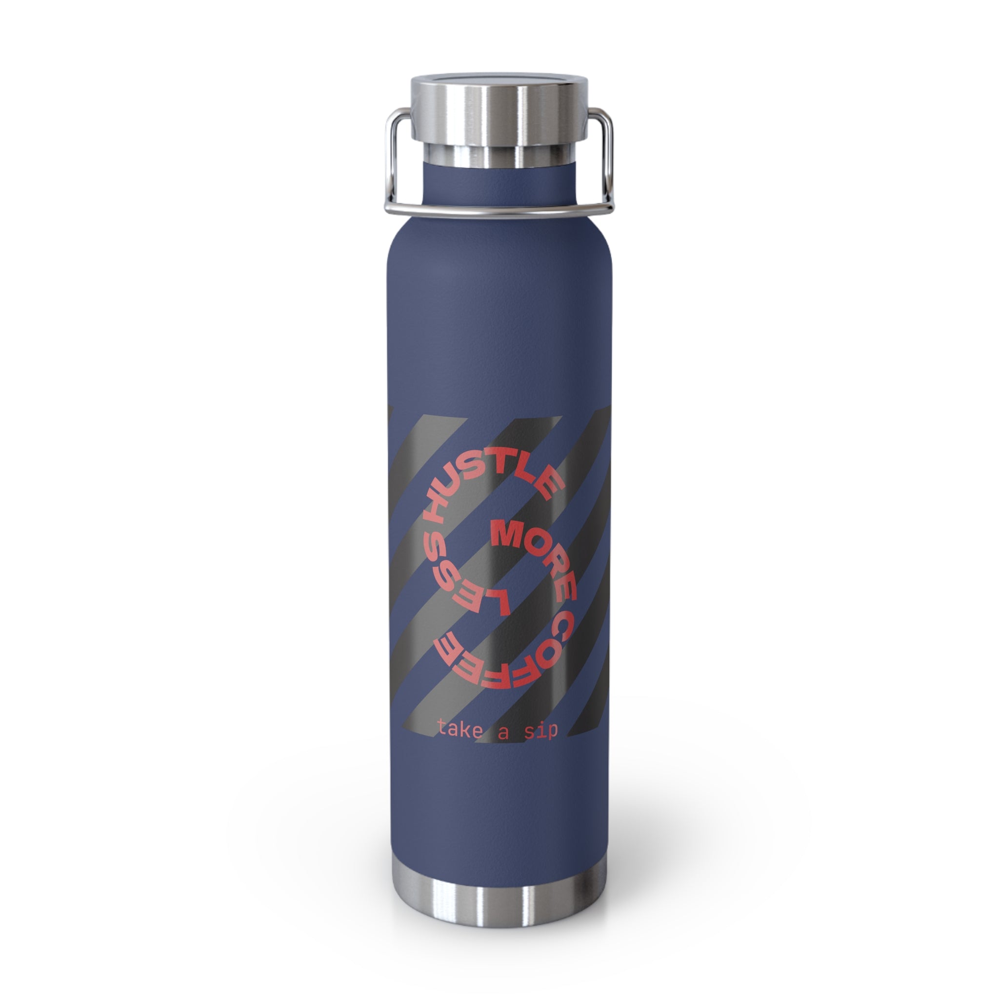 22oz Vacuum Water Bottle — Striped ‘Coffee, Hustle, More’ Insulated Stainless Flask