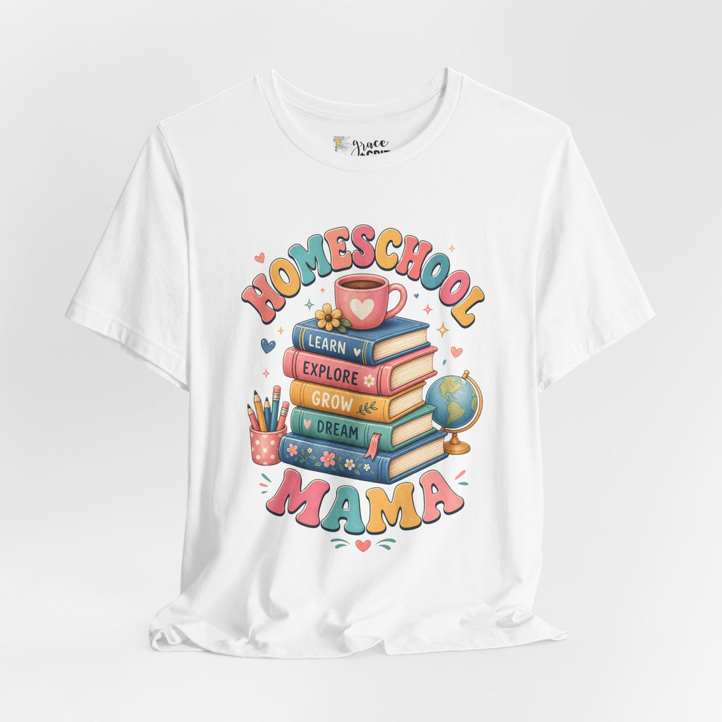Homeschool Mama T-Shirt – Colorful Stacked Books Design
