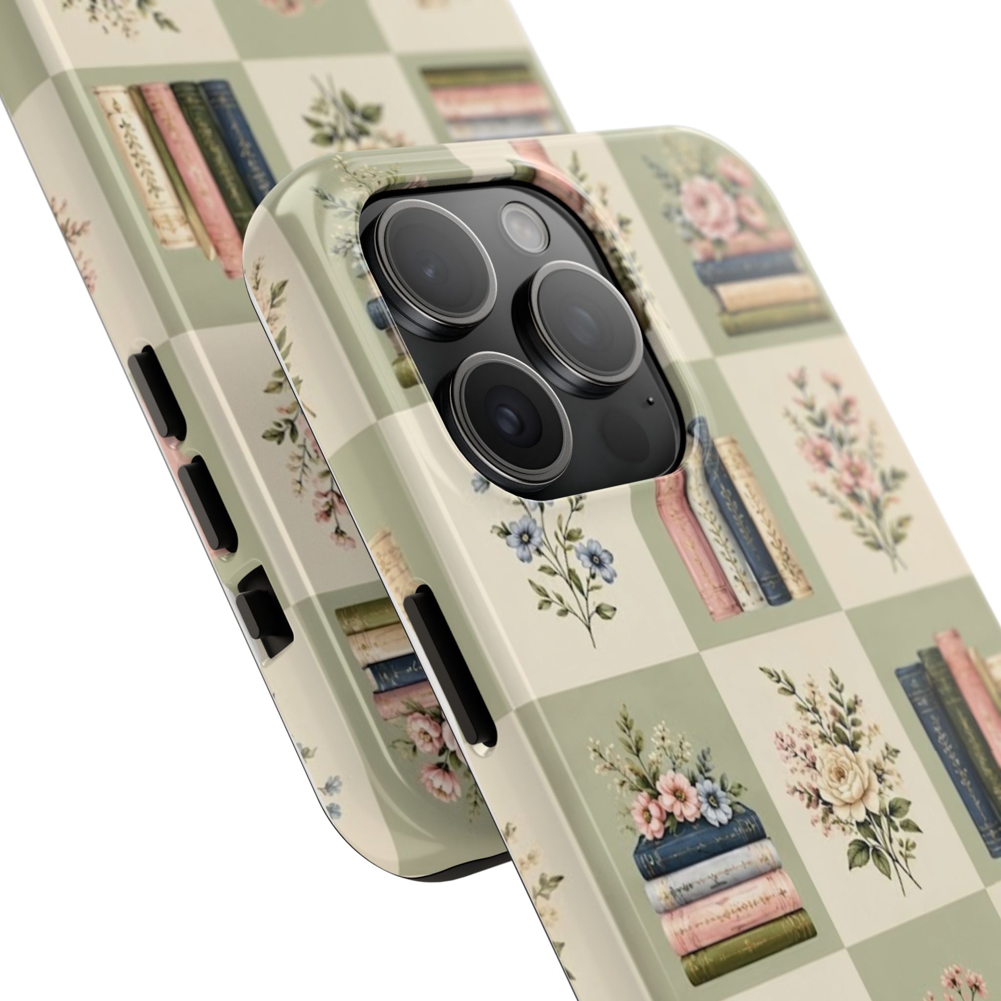 Floral Bookshelf Tough Phone Case — Vintage Floral & Stacked Books Pattern