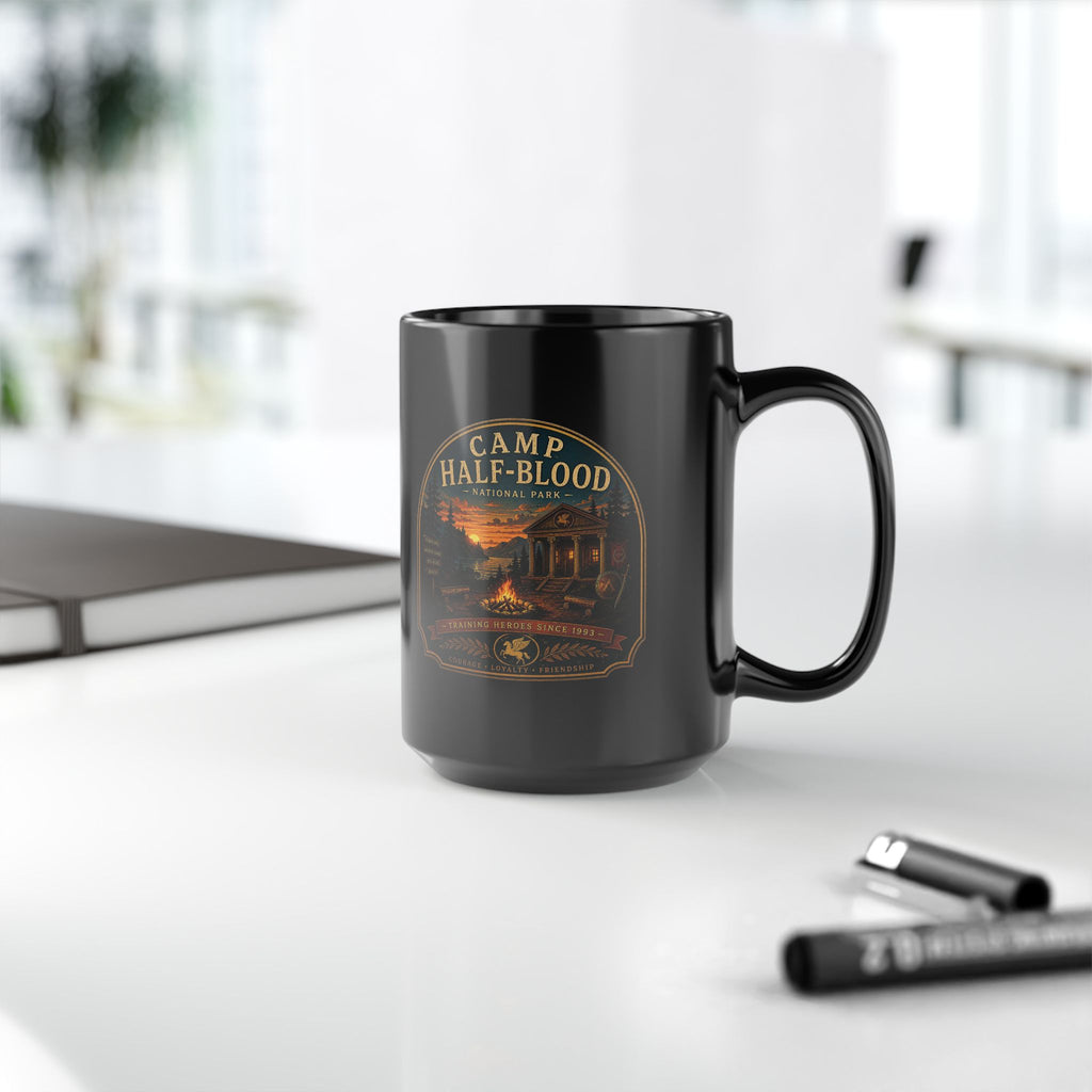 Camp Half-Blood Black Mug — Mythical Cabin & Campfire Coffee Cup (11oz/15oz)