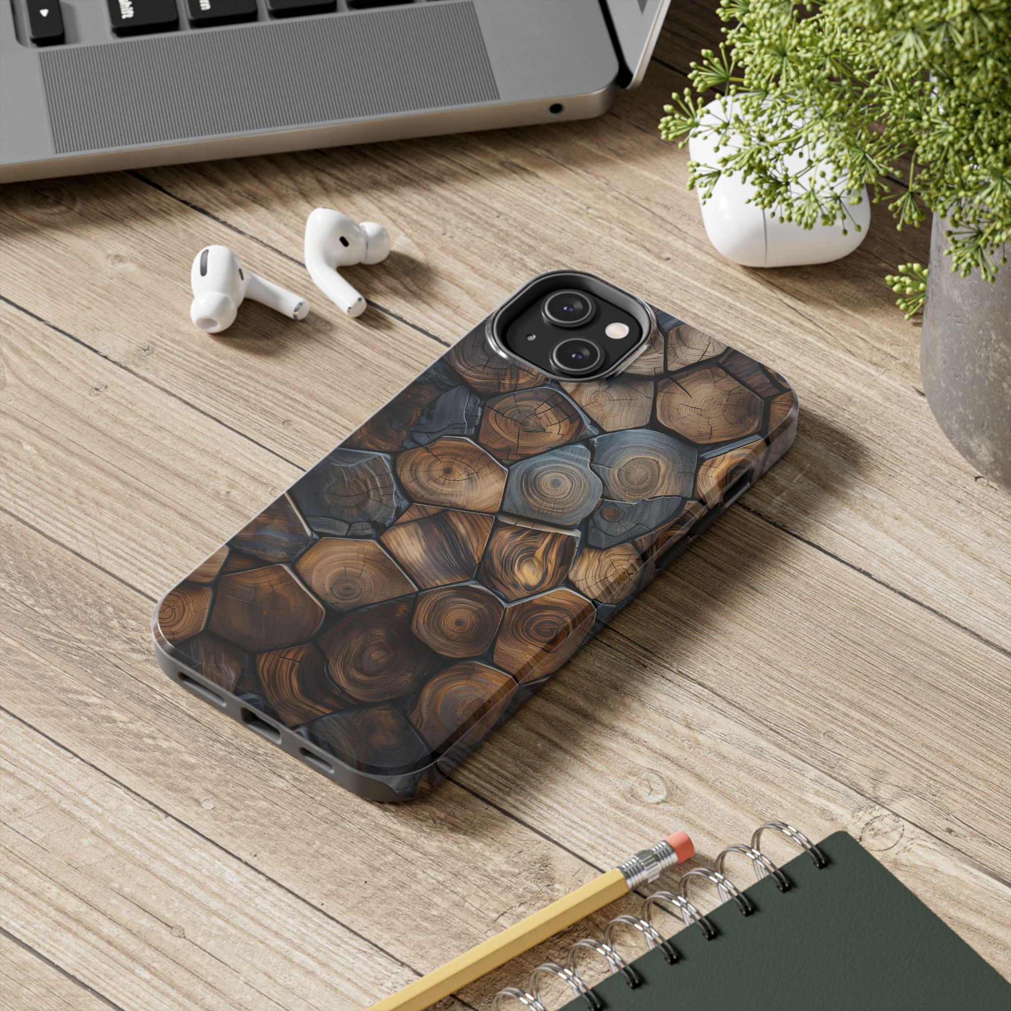 Woodgrain Hex Pattern Tough Phone Case — Rustic Log Cross-Section Design