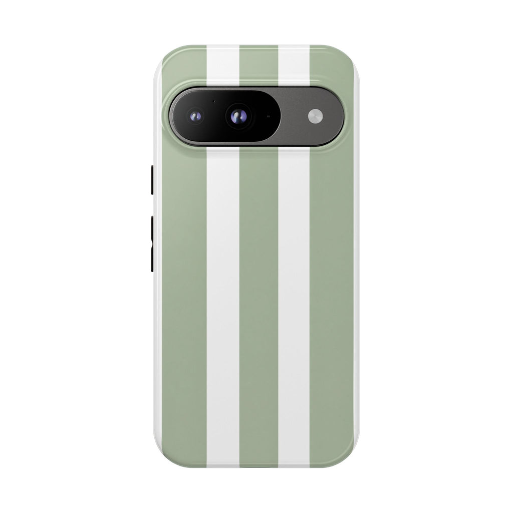 Striped Sage Tough Phone Case — Durable Green & White Vertical Stripe Phone Cover