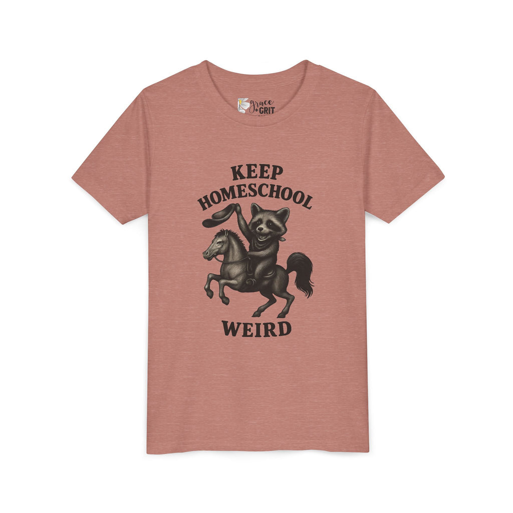 Keep Homeschool Weird Youth Tee | Raccoon Riding Horse Illustration
