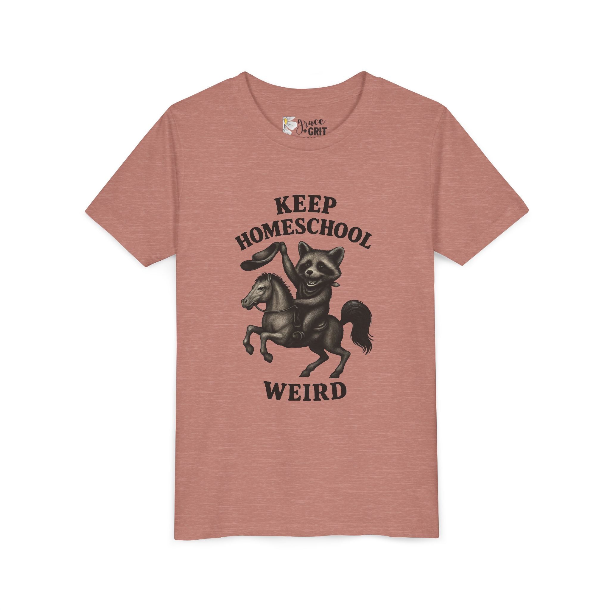 Keep Homeschool Weird Youth Tee | Raccoon Riding Horse Illustration
