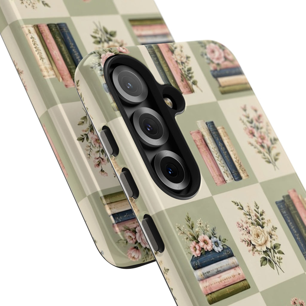 Floral Bookshelf Tough Phone Case — Vintage Floral & Stacked Books Pattern