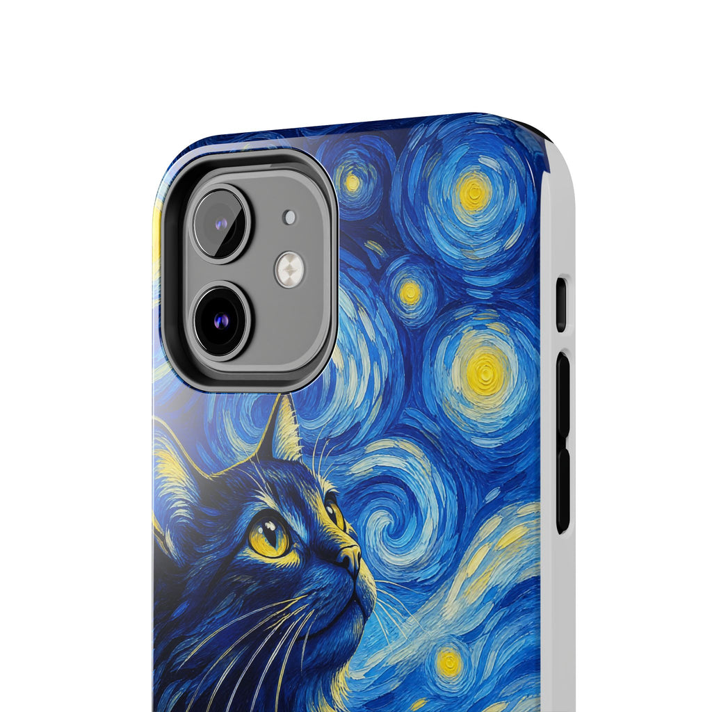 Starry Night Cat Tough Phone Case — Van Gogh Style Galaxy Kitten Protective Cover