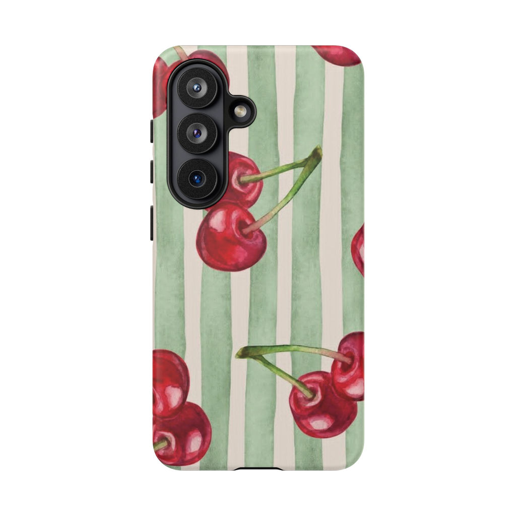 Cherry Stripe Phone Case – Retro Watercolor Cherries on Mint Stripes