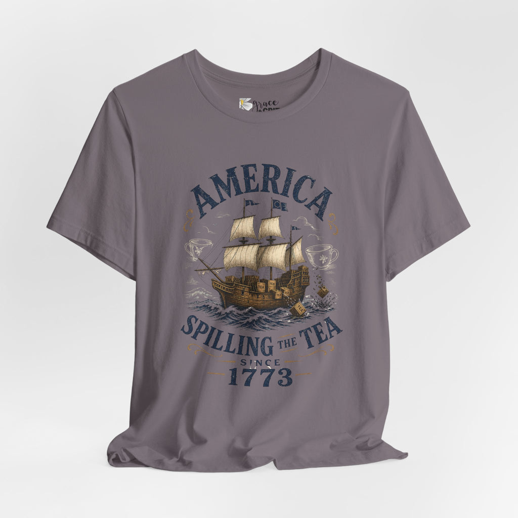 America Spilling the Tea 1773 T‑Shirt — Boston Tea Party Vintage Ship Tee