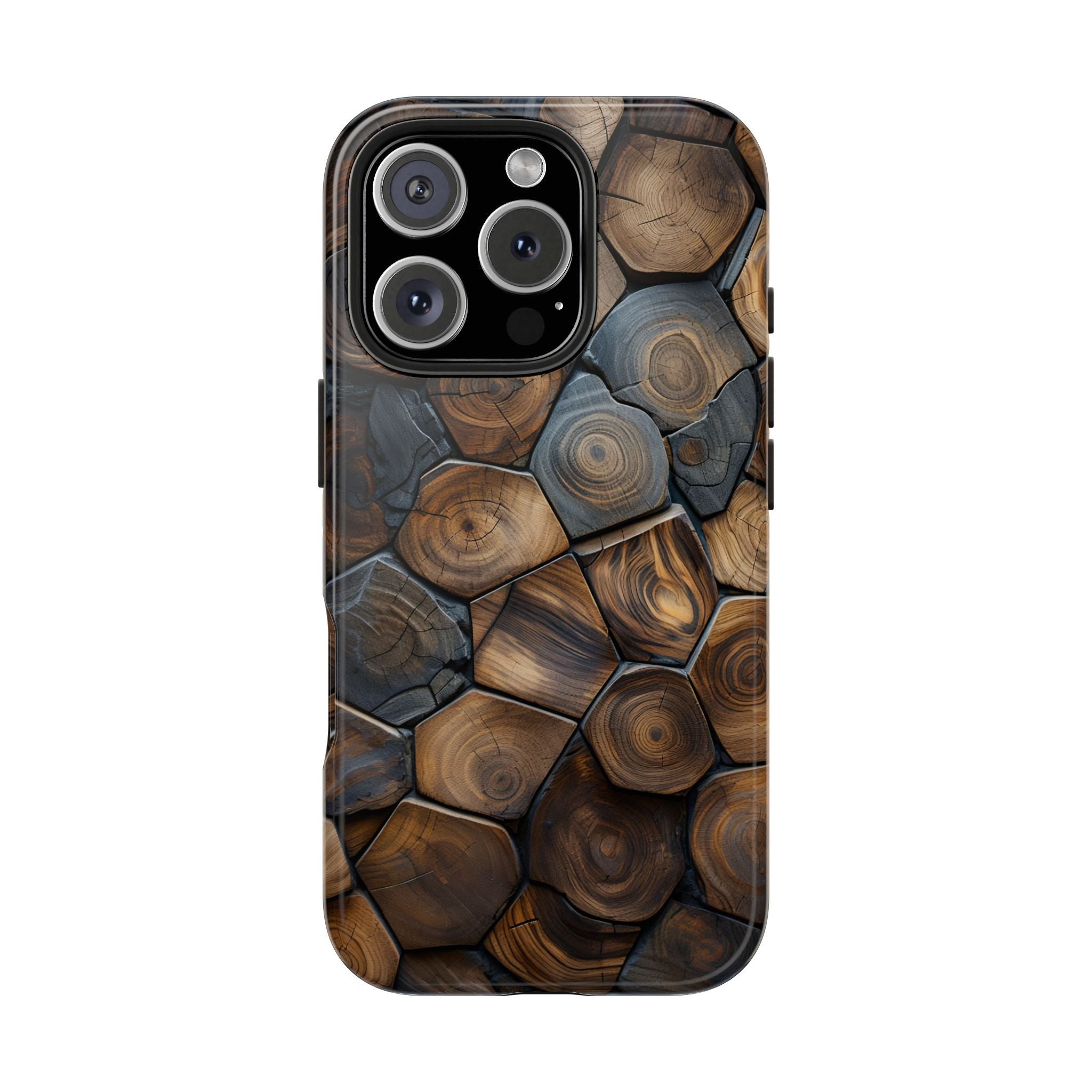 Woodgrain Hex Pattern Tough Phone Case — Rustic Log Cross-Section Design
