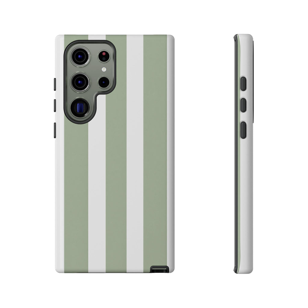Striped Sage Tough Phone Case — Durable Green & White Vertical Stripe Phone Cover