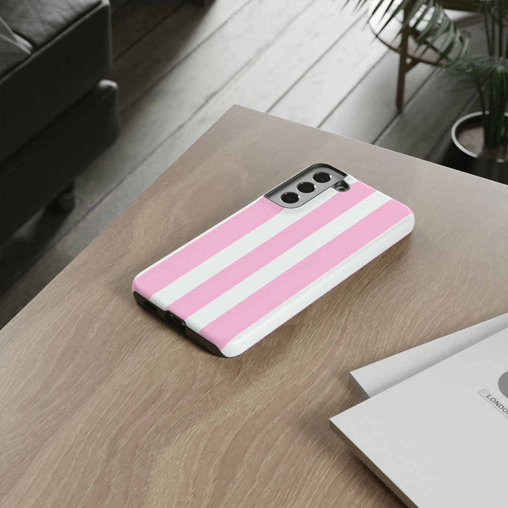 Pink & White Striped Tough Phone Case — Durable Protective Phone Cover