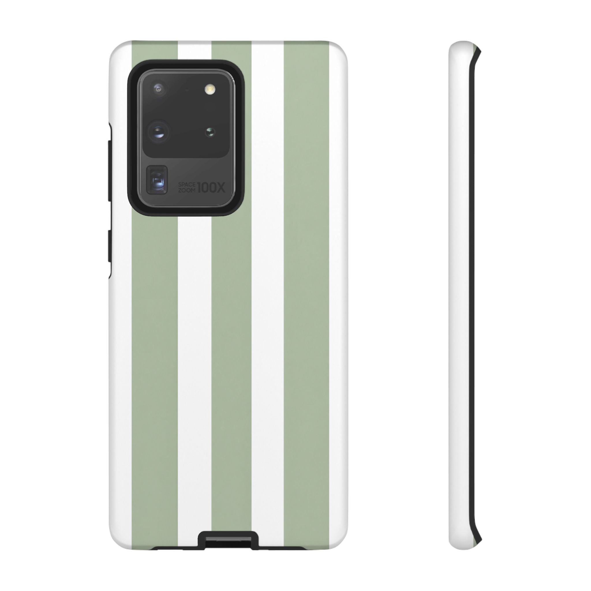 Striped Sage Tough Phone Case — Durable Green & White Vertical Stripe Phone Cover