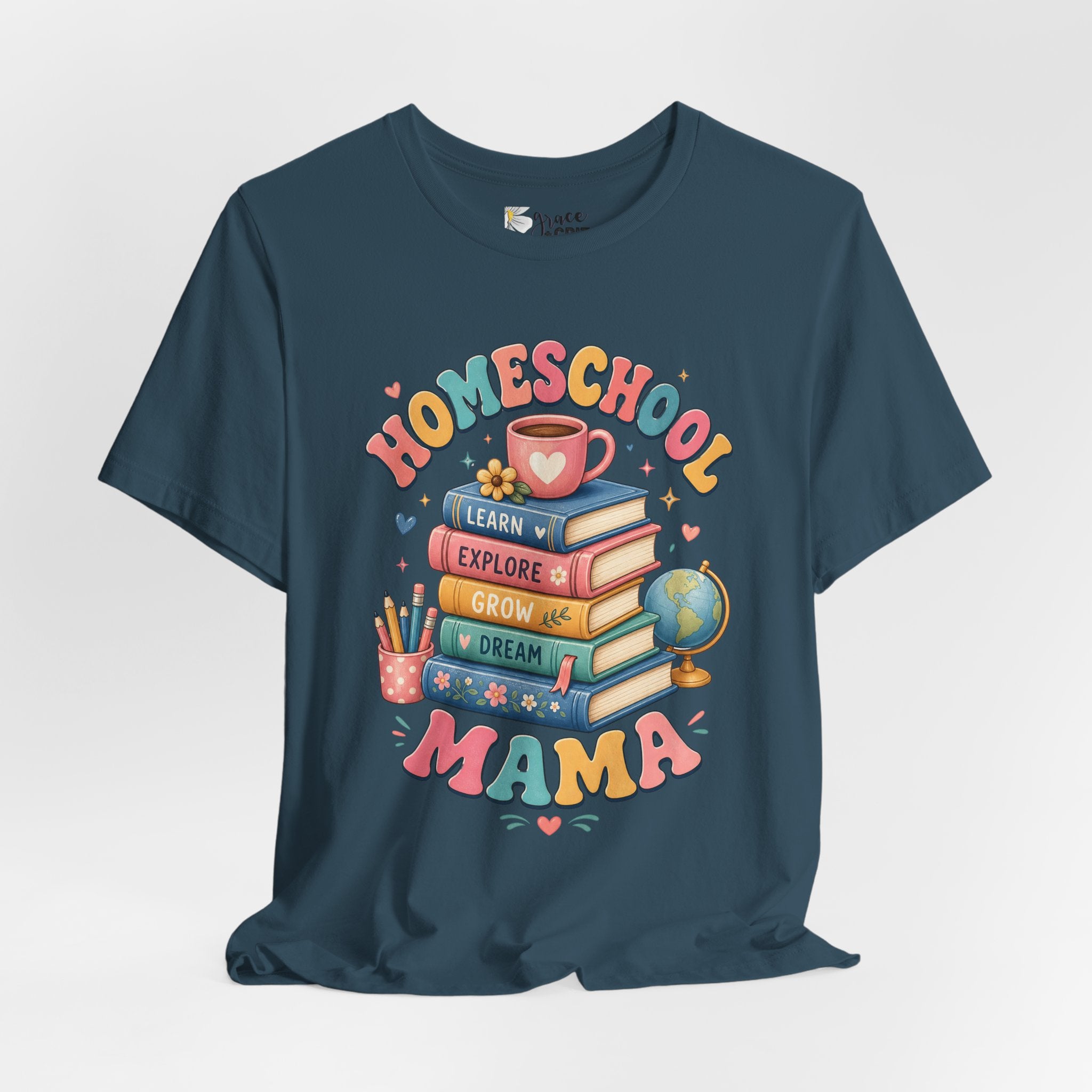 Homeschool Mama T-Shirt – Colorful Stacked Books Design