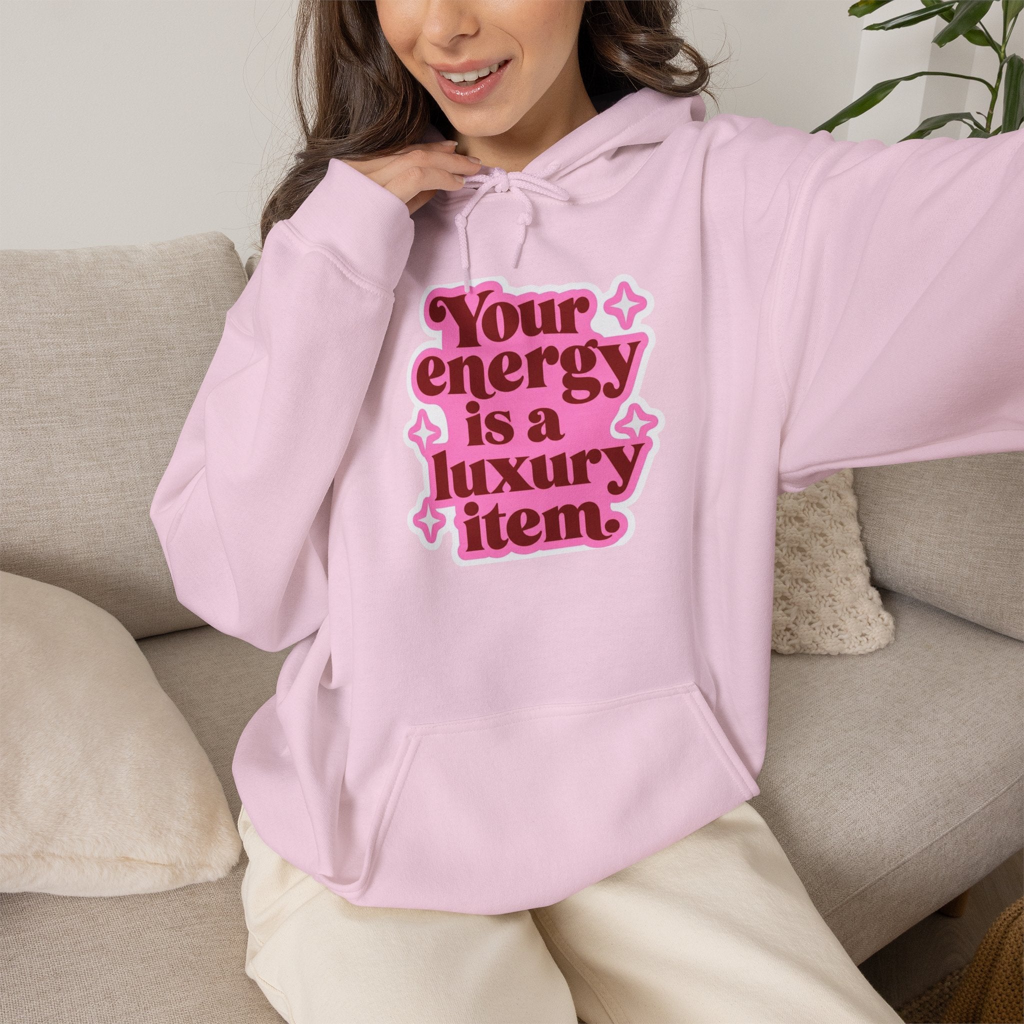 Hoodie — "Your Energy Is a Luxury Item" Pink Retro Graphic