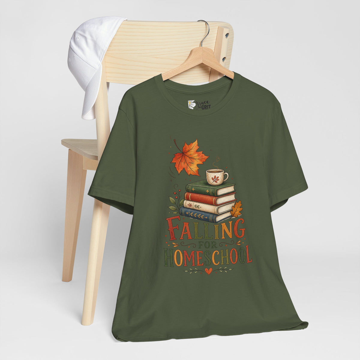 Fall Homeschool T‑Shirt – “Falling into Homeschool” Autumn Books & Coffee Tee