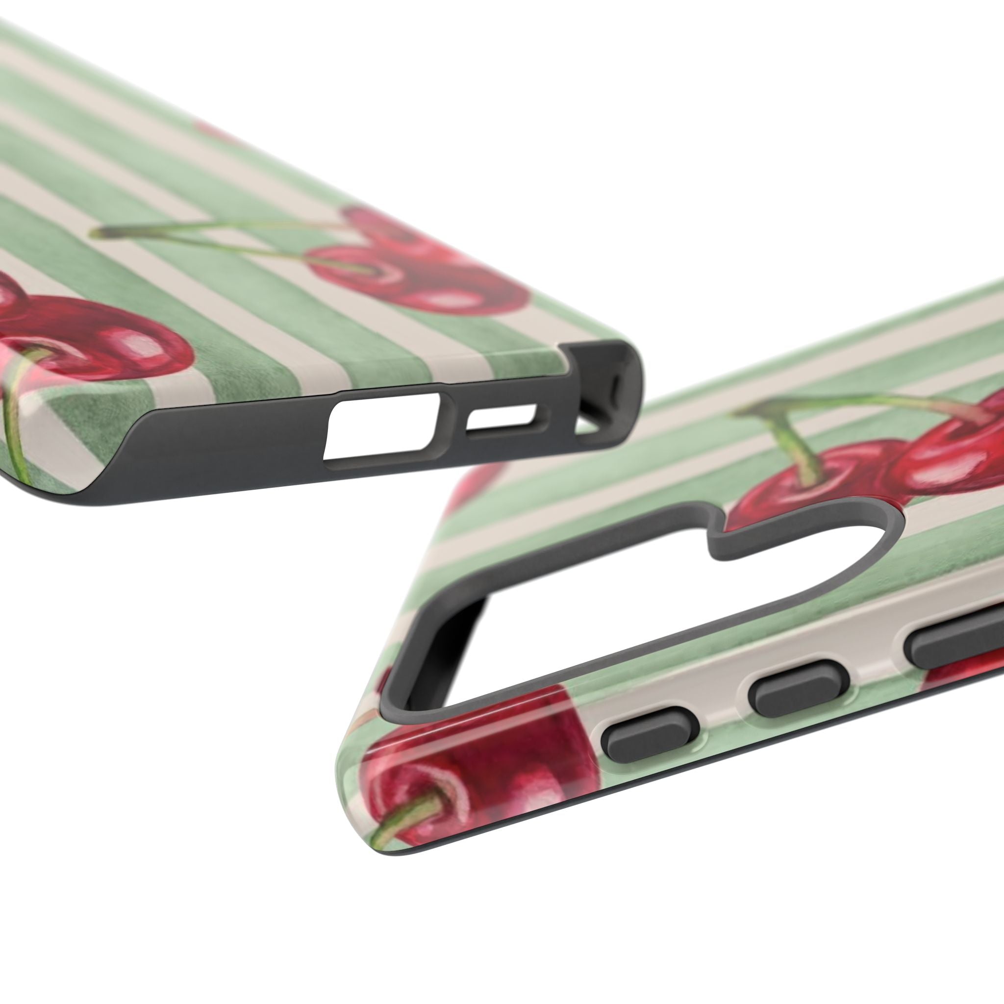 Cherry Stripe Phone Case – Retro Watercolor Cherries on Mint Stripes