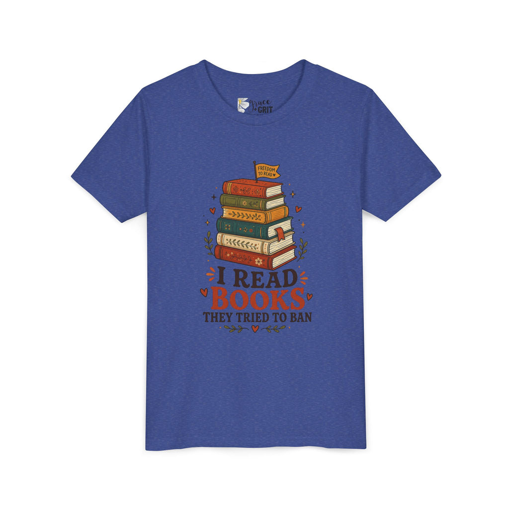 Youth Book Lover T‑Shirt — "I Read Books They Tried To Ban" Stack Graphic